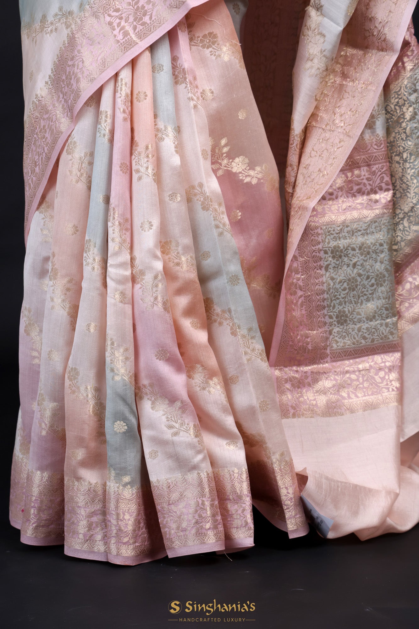 Pastel Pink Rangkat Banarasi Silk Saree With Floral Jaal Weaving