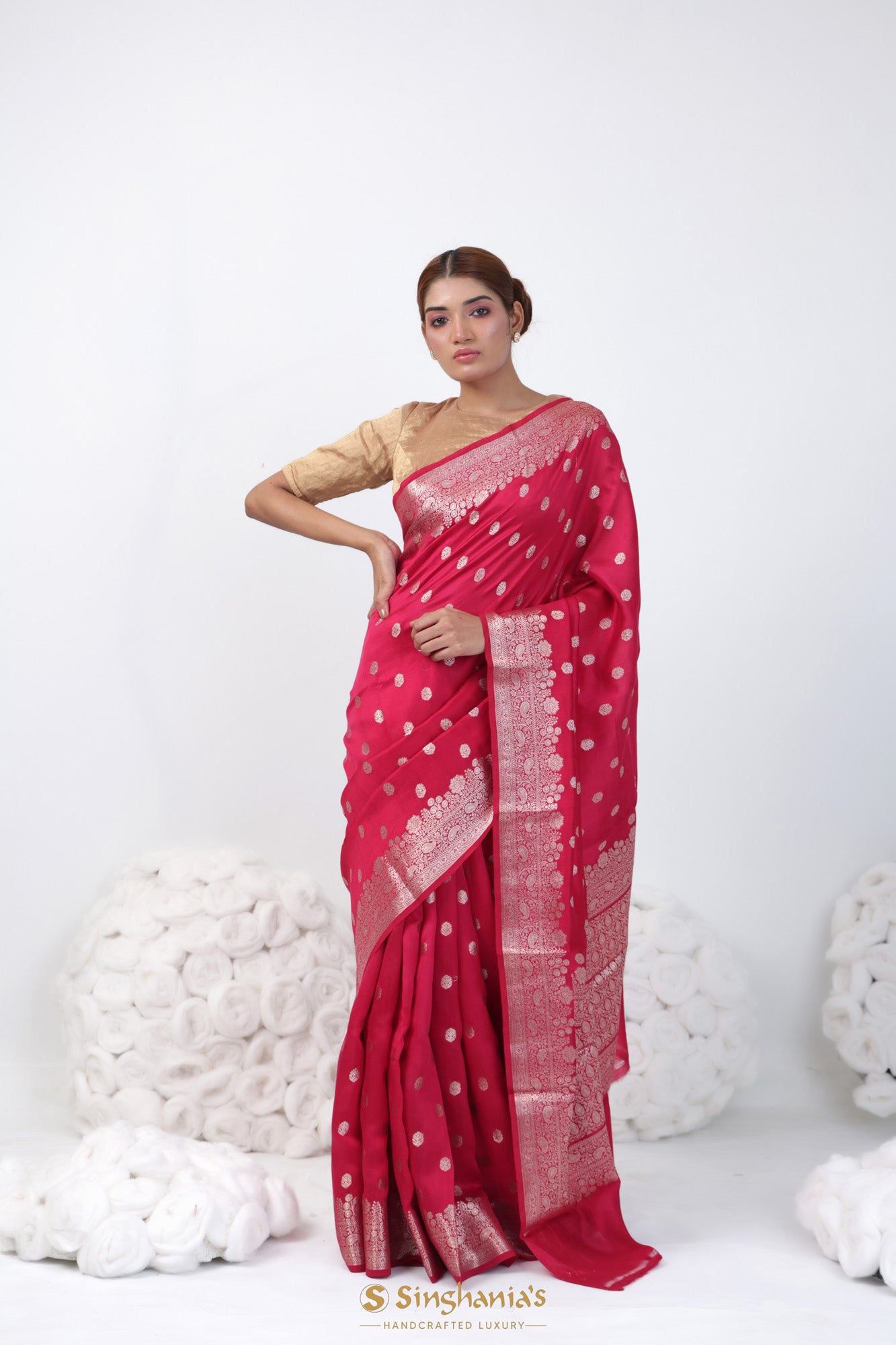 Amaranth Pink Banarasi Silk Saree With Floral Butta Weaving