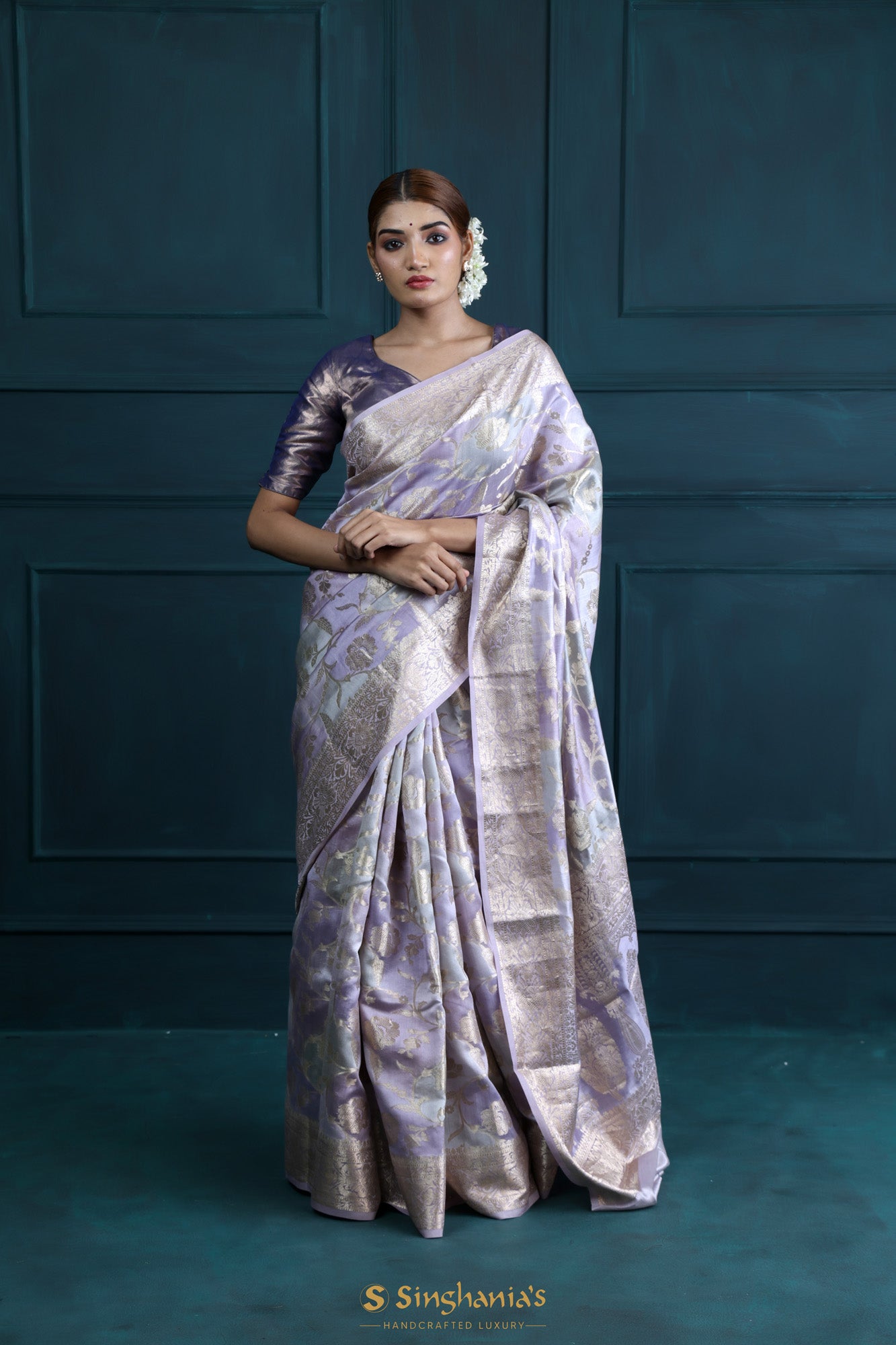 Pastel Purple-Blue Banarasi Silk Saree
