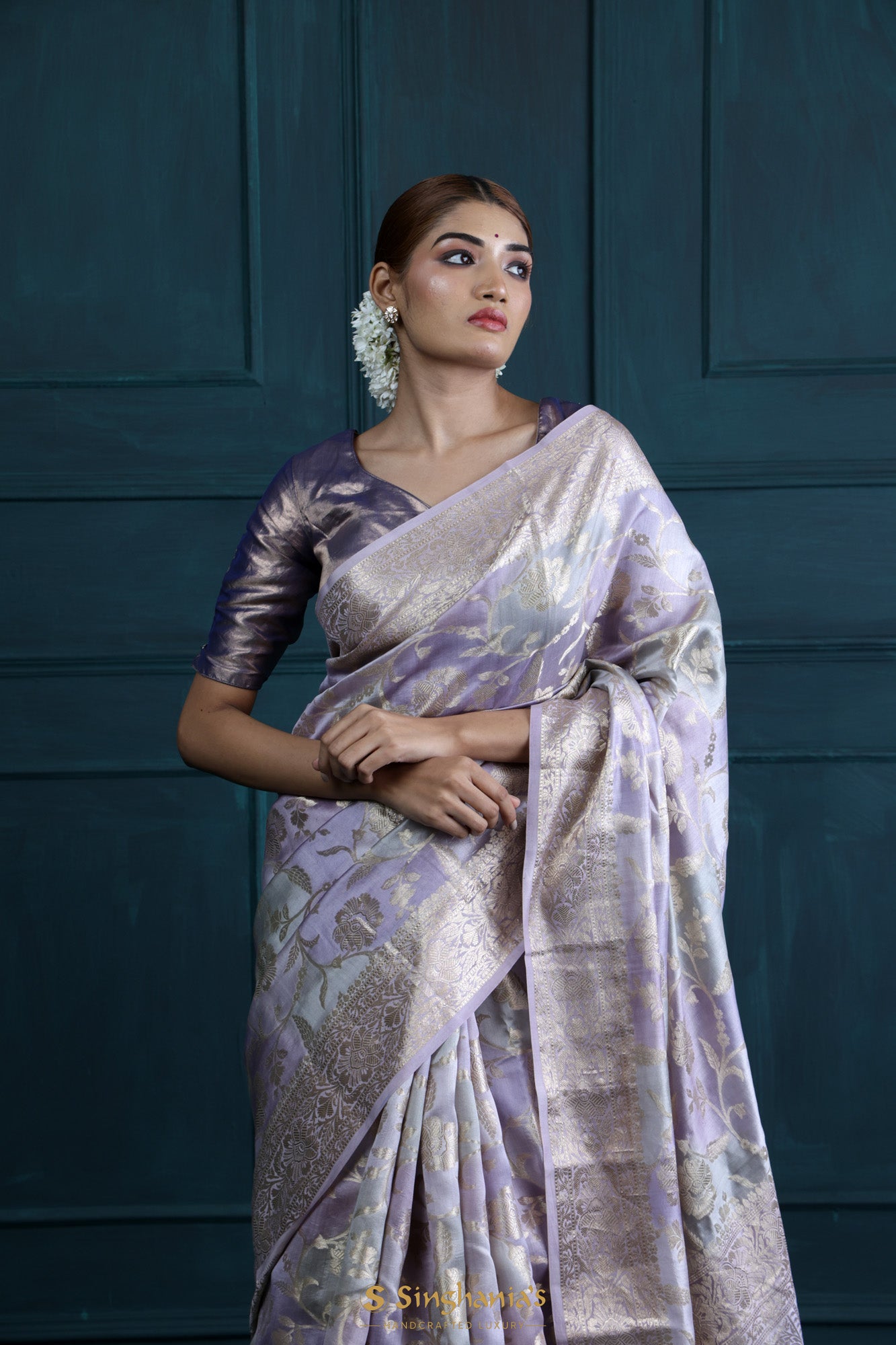 Pastel Purple-Blue Banarasi Silk Saree