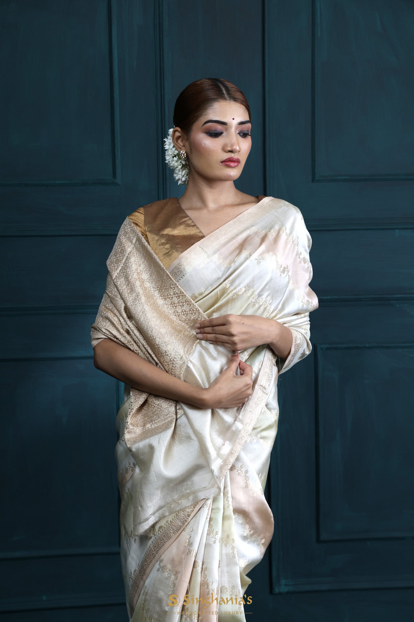 Beige-Brown Tussar Silk Saree With Floral Jaal Weaving