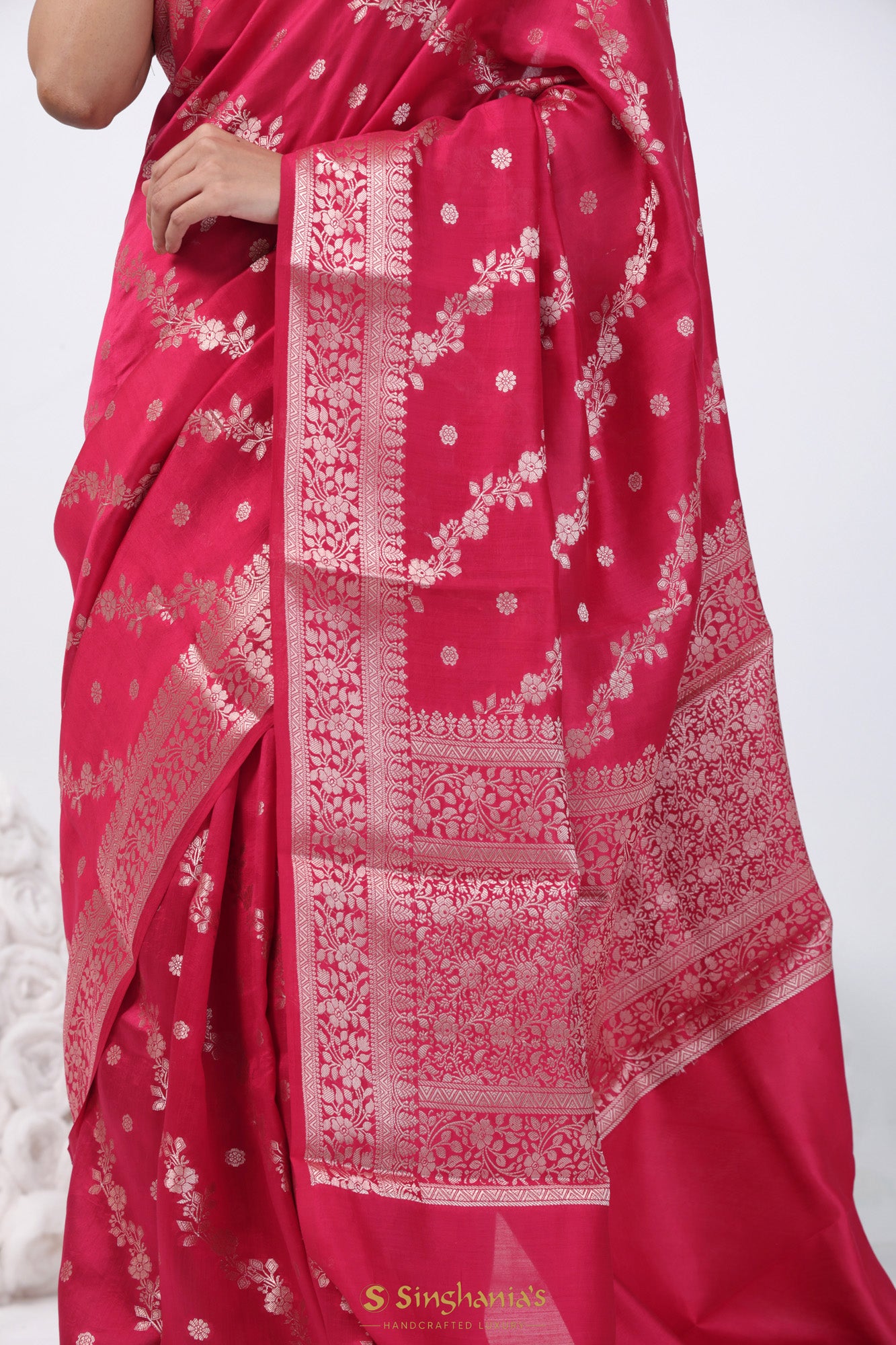 Cardinal Pink Banarasi Silk Handwoven Saree With Floral Weaving
