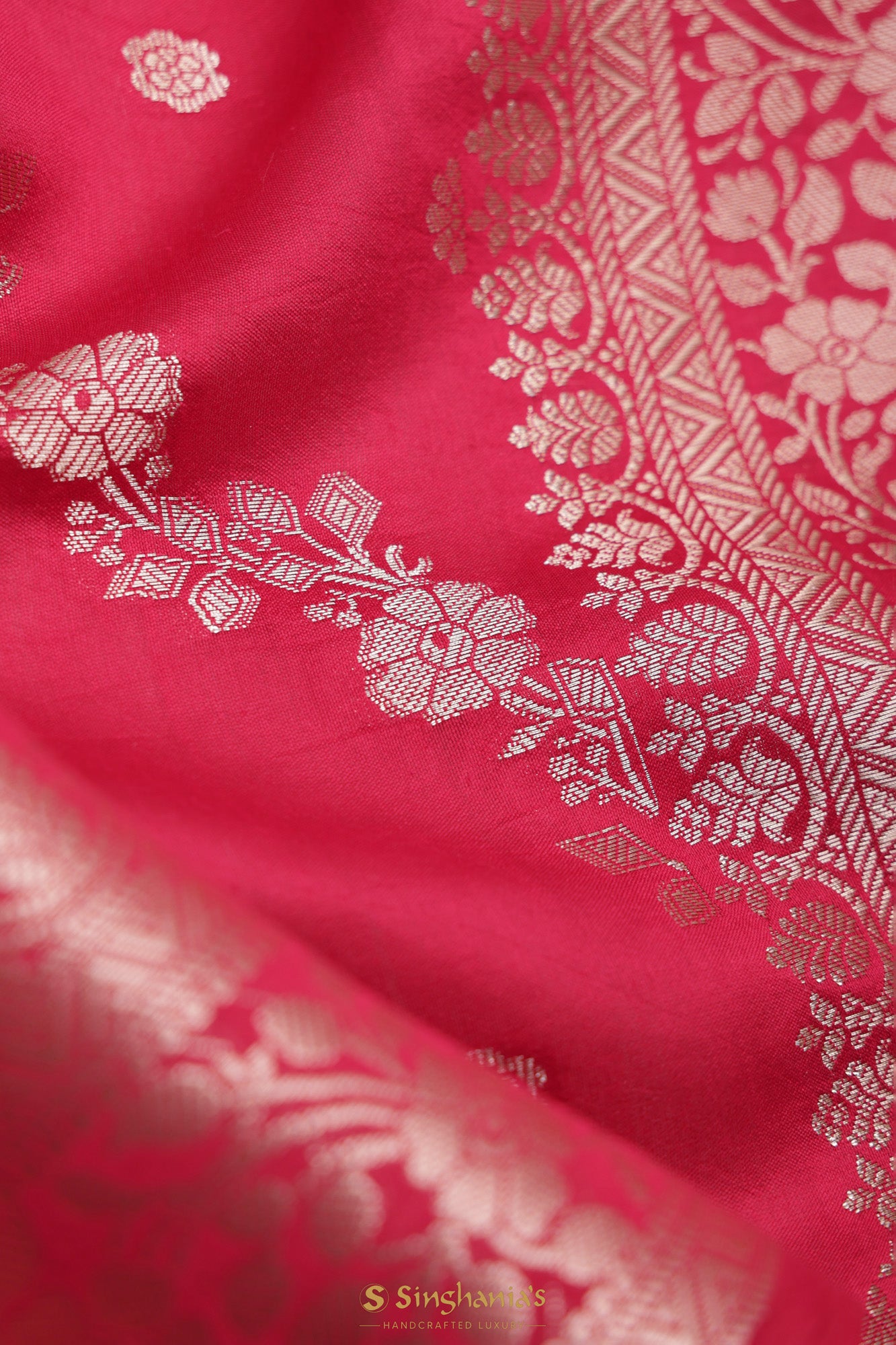 Cardinal Pink Banarasi Silk Handwoven Saree With Floral Weaving