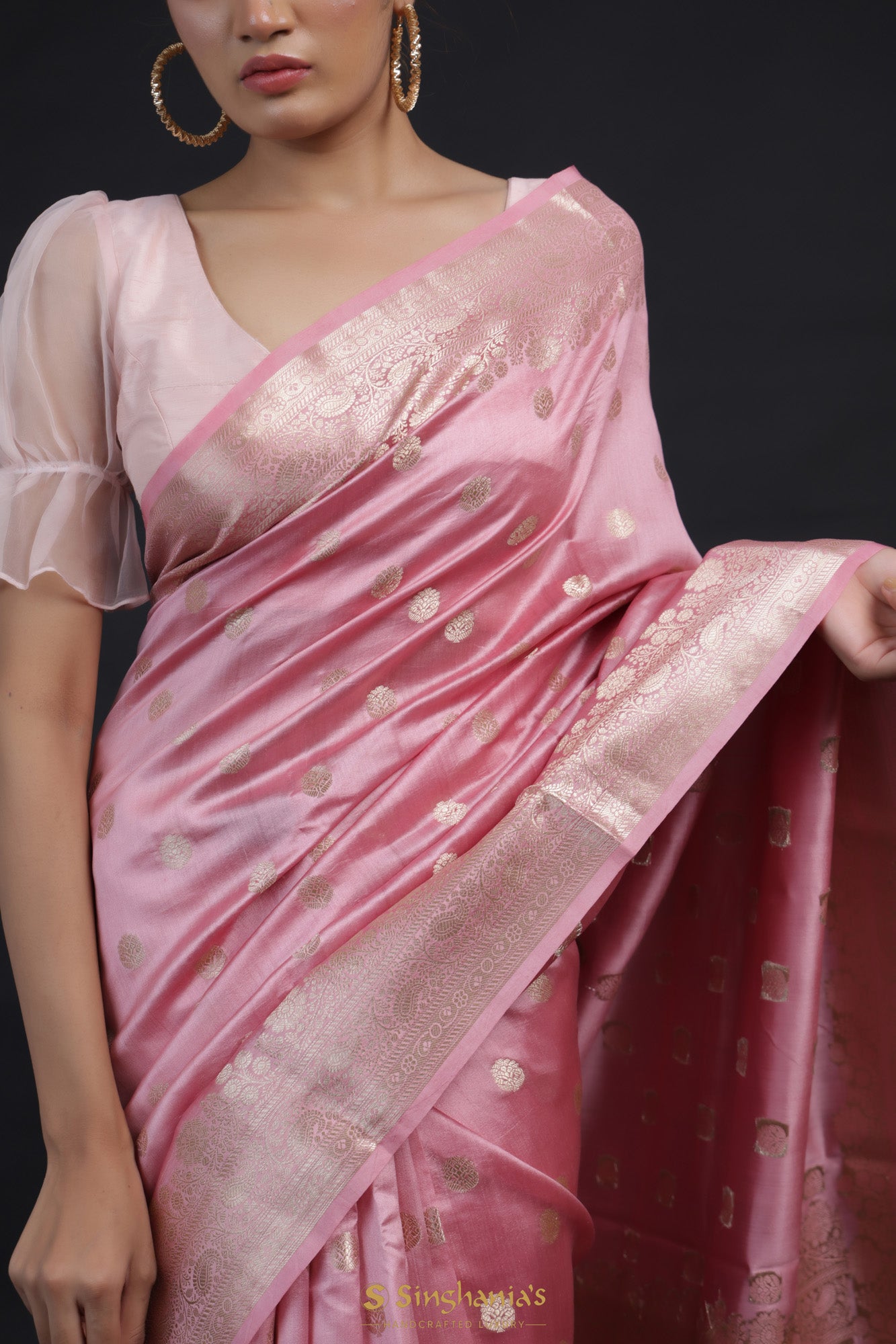 Carnation Pink Banarasi Silk Saree With Floral Butta Weaving