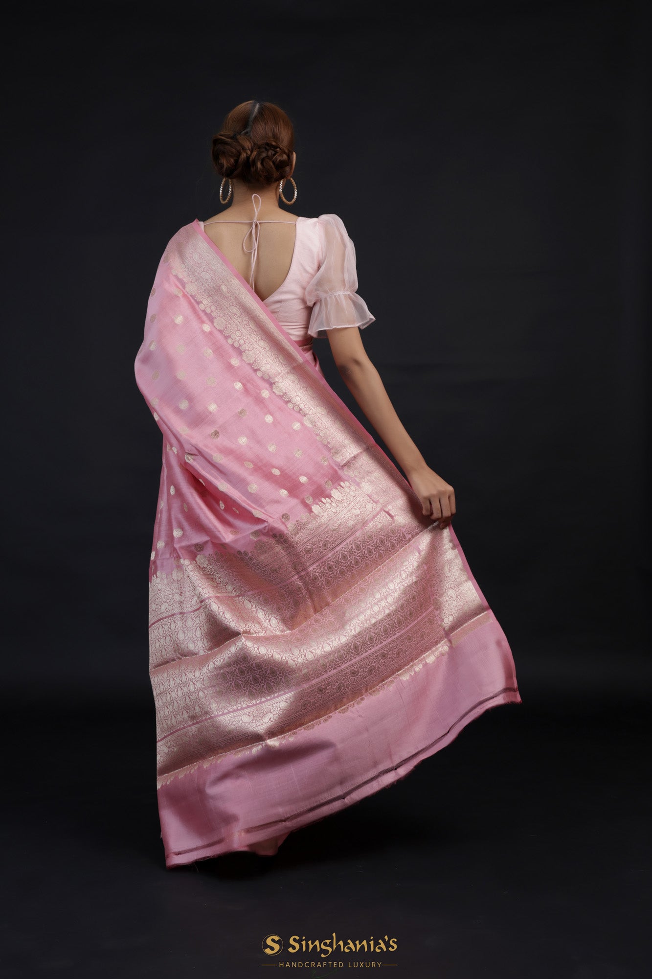 Carnation Pink Banarasi Silk Saree With Floral Butta Weaving