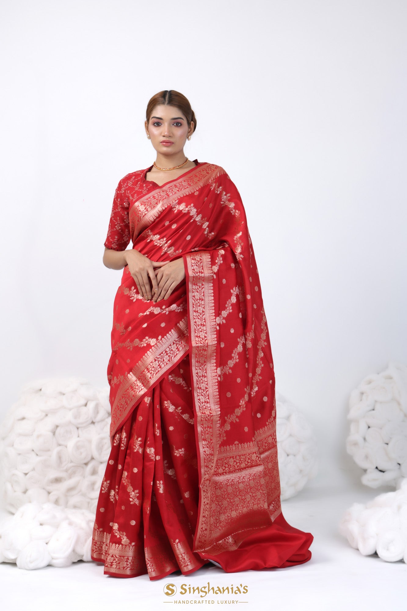 Bright Red Banarasi Silk Handwoven Saree With Floral Weaving
