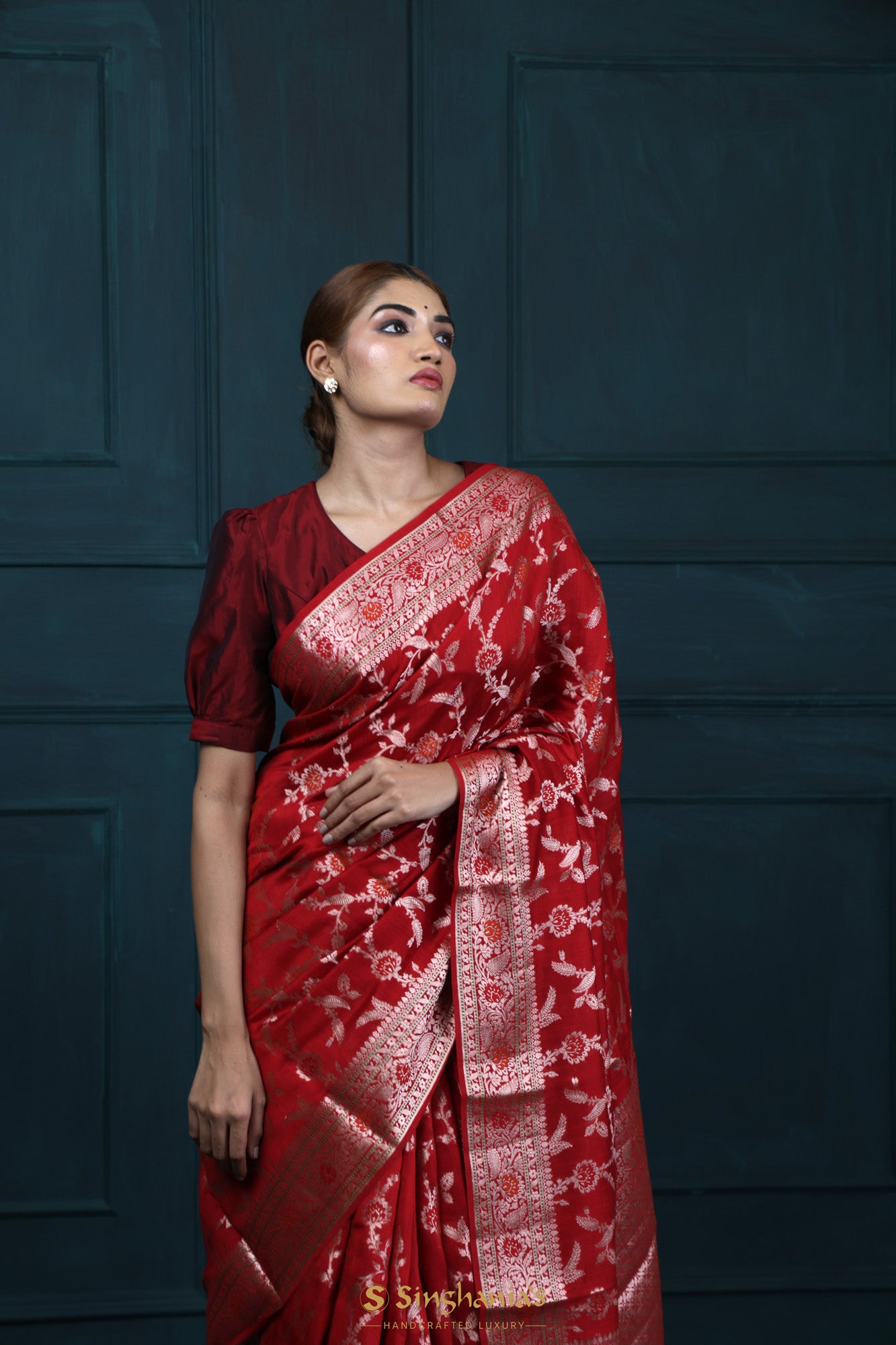 Dark Red Banarasi Silk Saree With Meenakari Weaving