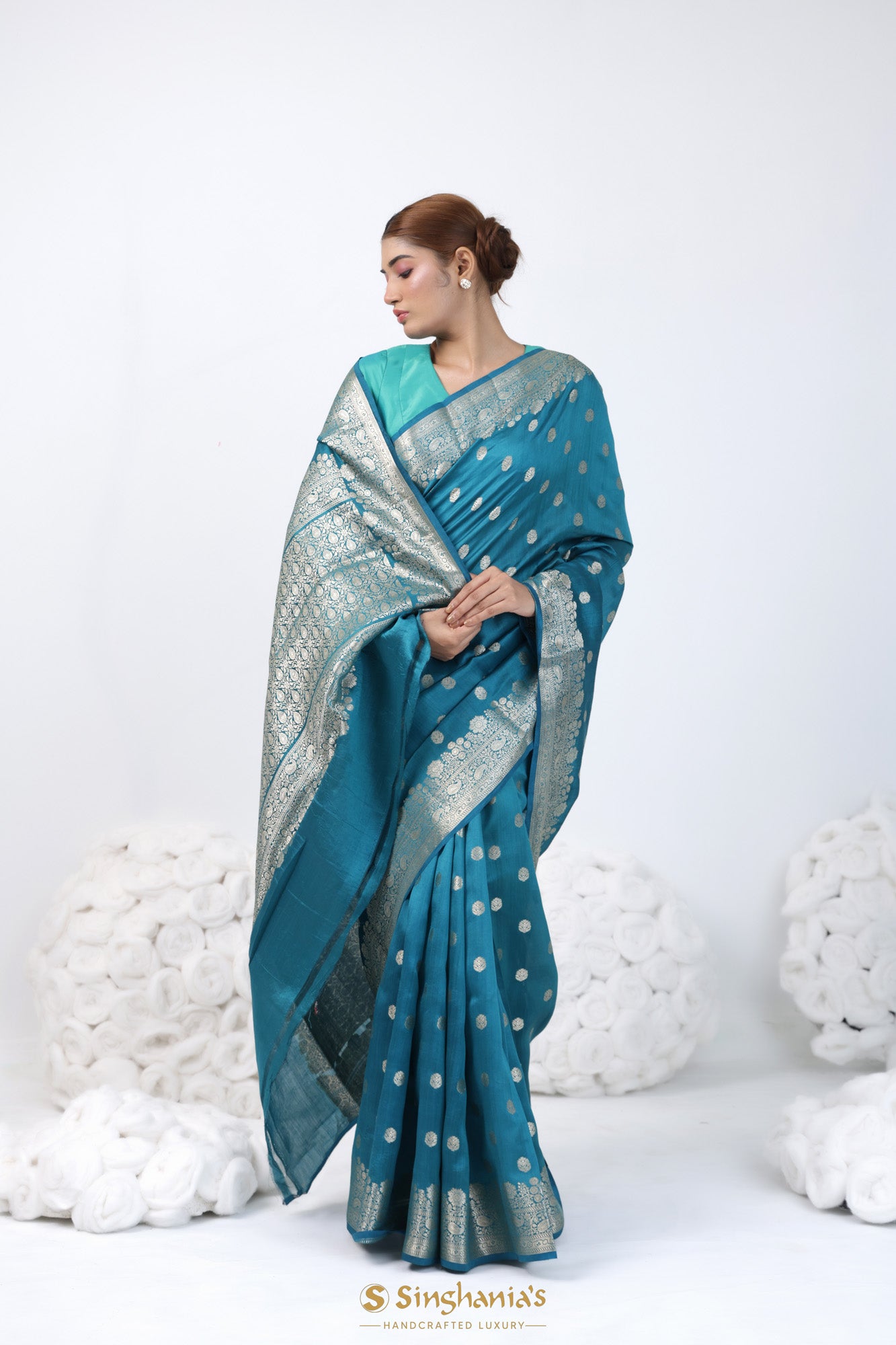 Pastel Imperial Blue Banarasi Silk Saree With Floral Butti Weaving