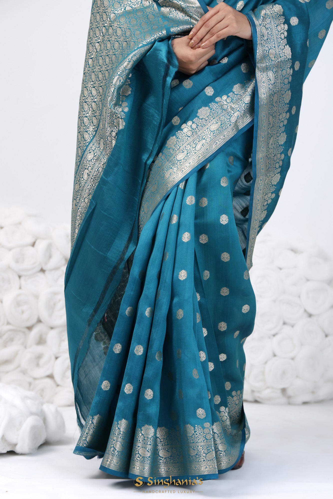 Pastel Imperial Blue Banarasi Silk Saree With Floral Butti Weaving