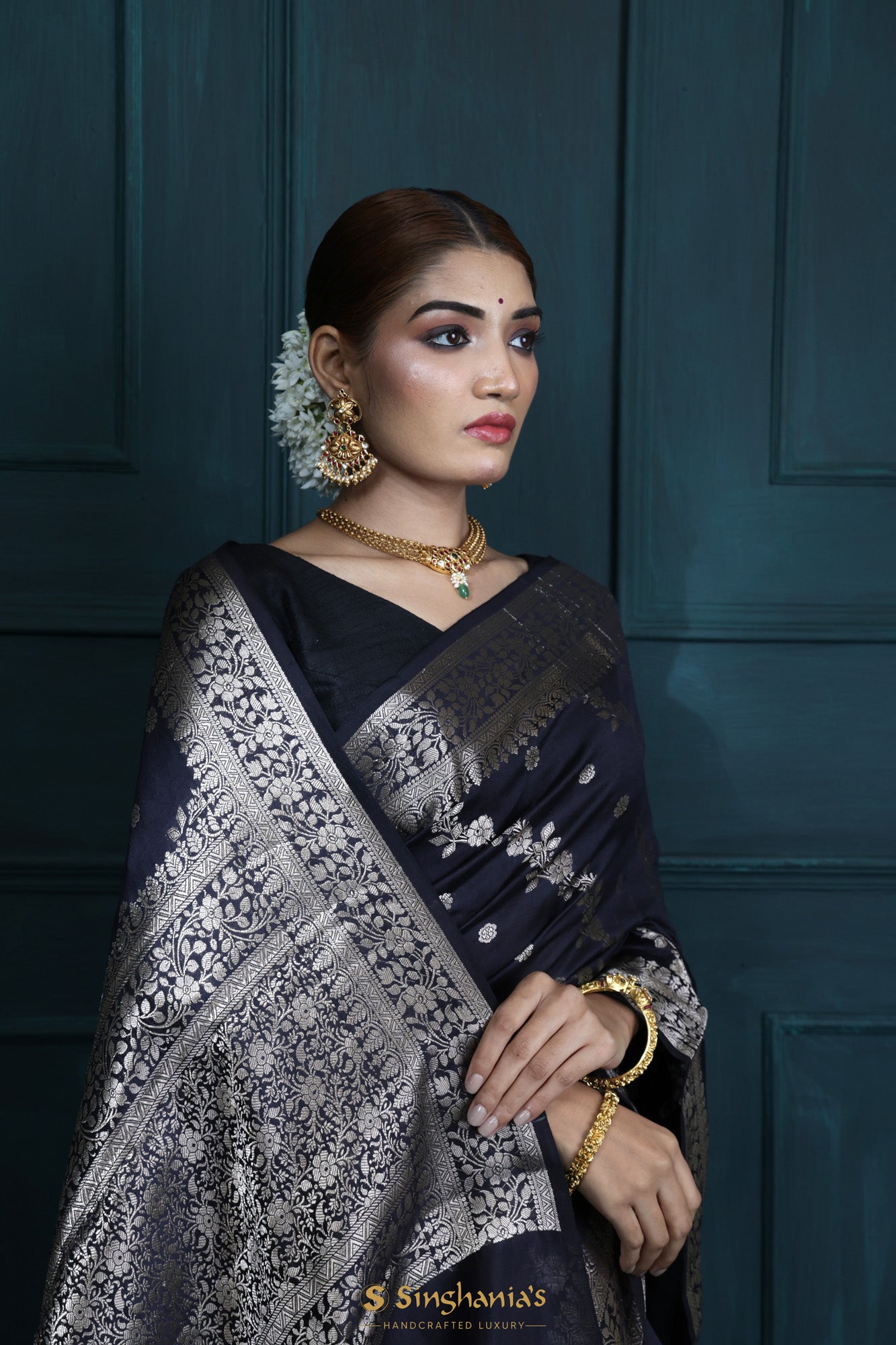 Denim Black Banarasi Silk Saree With Floral Stripes Weaving