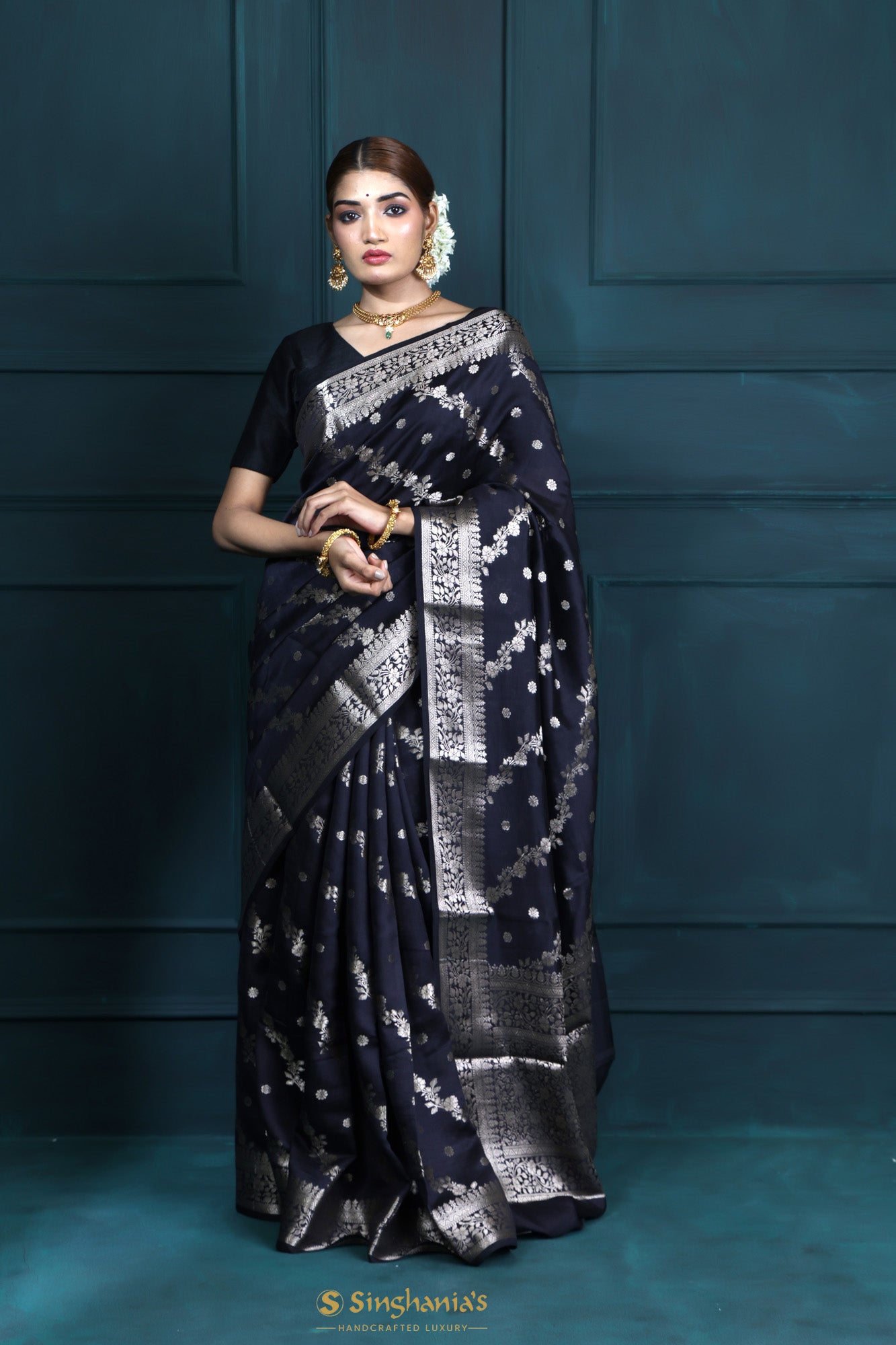 Denim Black Banarasi Silk Saree With Floral Stripes Weaving
