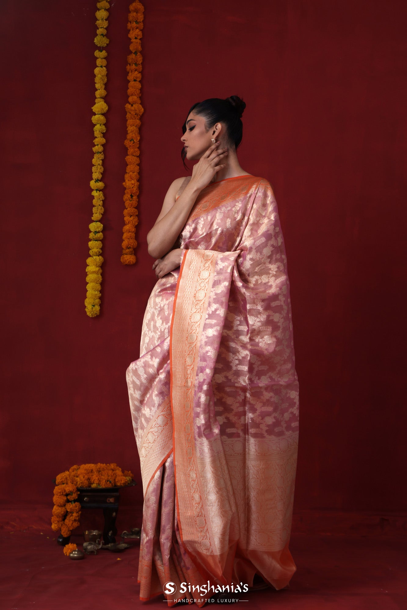 Carnation Pink Tissue Organza Banarasi Saree With Floral Jaal Weaving
