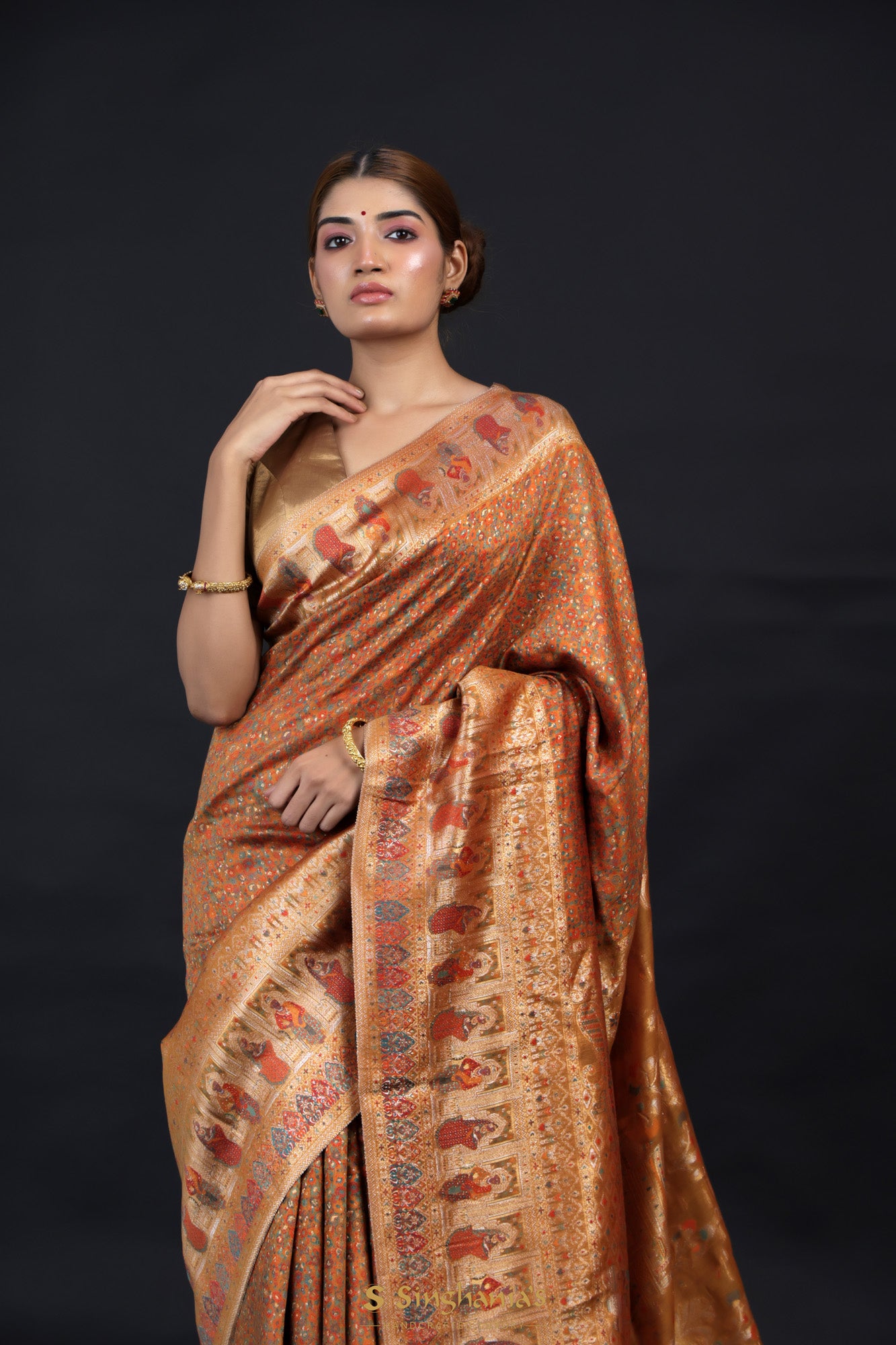 Sandstone Brown Kani Silk Handwoven Saree With Floral Jaal Weaving