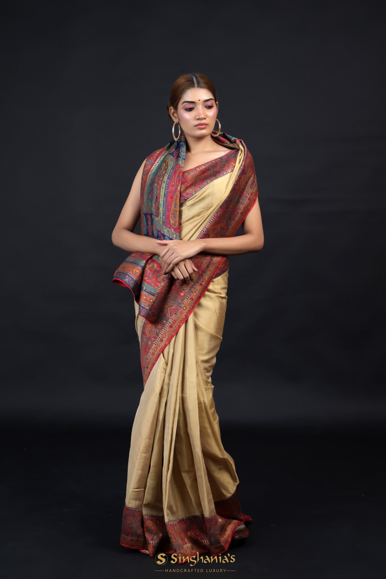 Citrus Brown Kani Silk Saree With Floral Embroidery Border