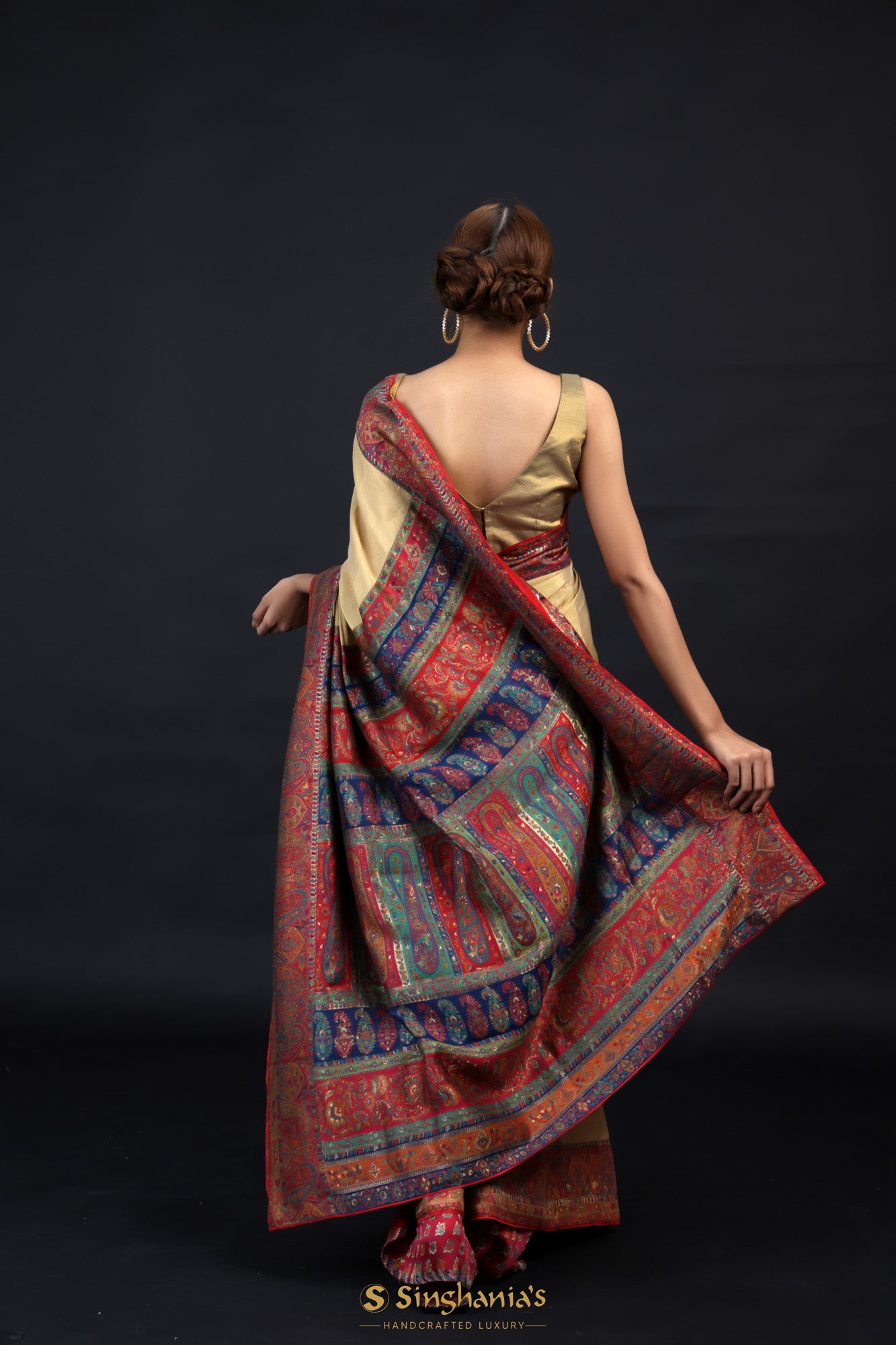 Citrus Brown Kani Silk Saree With Floral Embroidery Border