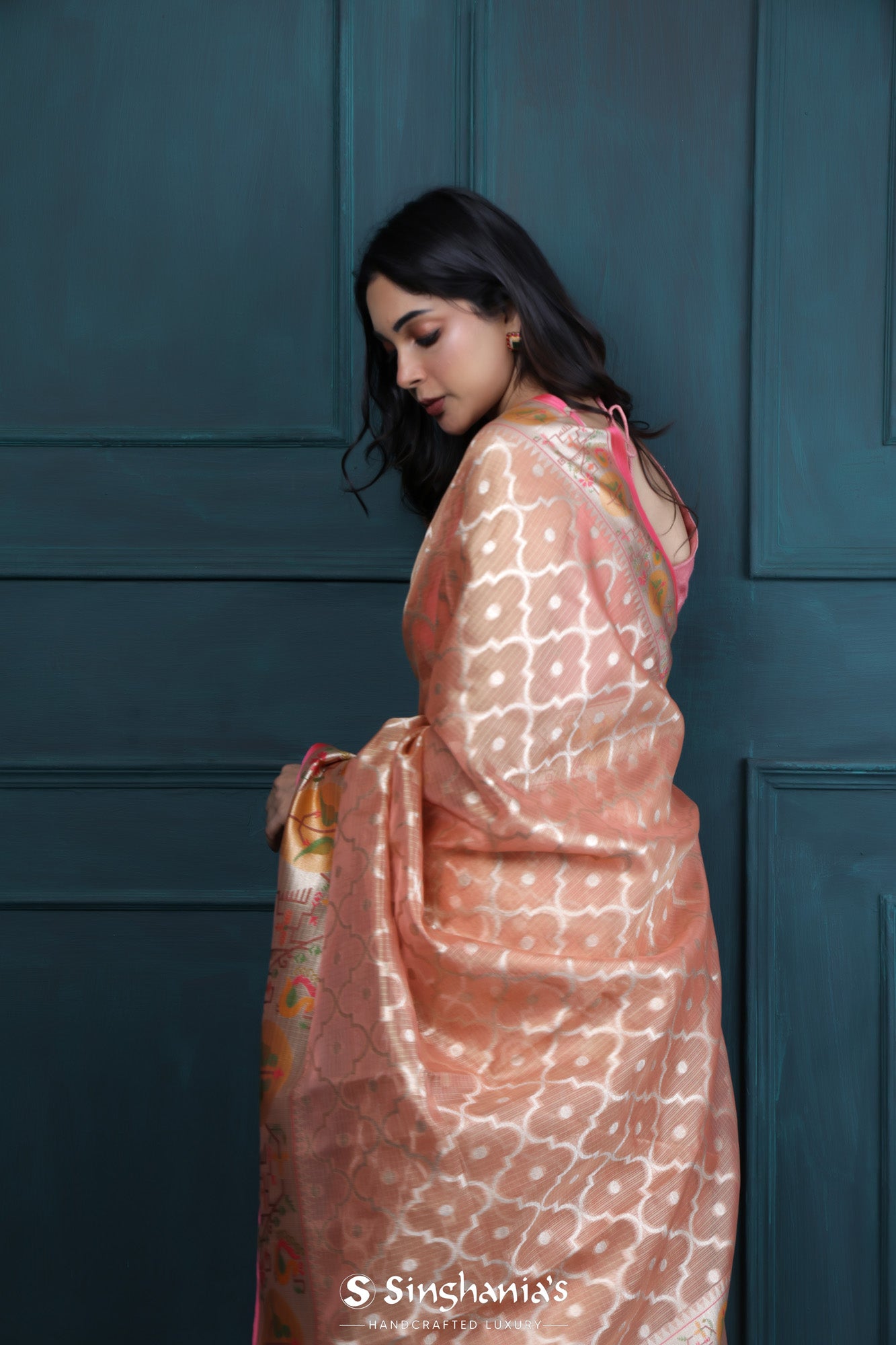 Pastel Peach Banarasi Kota Silk Saree With Floral Jaal