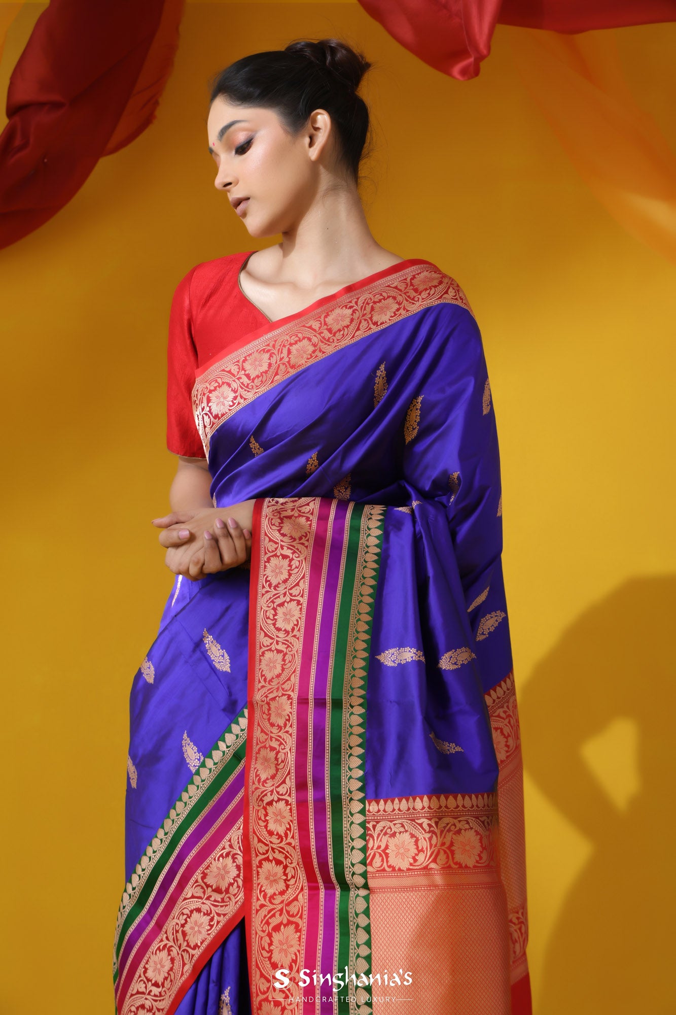 Picotee Blue Banarasi Silk Saree With Floral Buttas Design