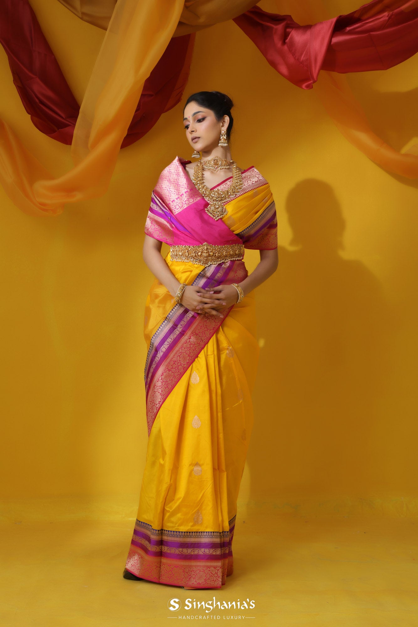 Vibrant Yellow Banarasi Silk Saree With Floral Buttas Design