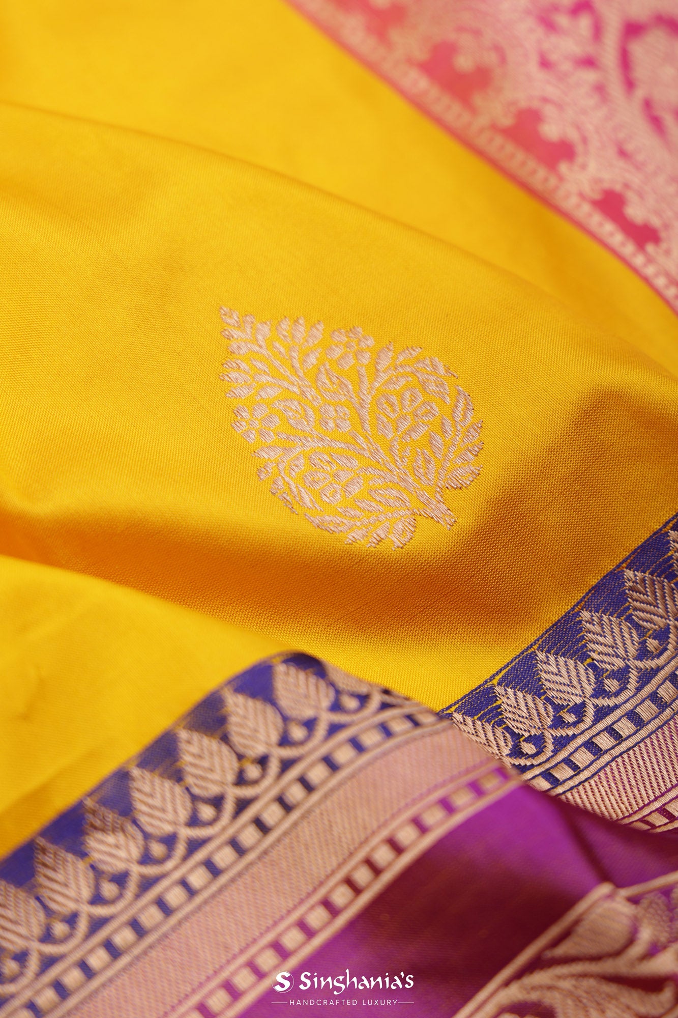 Vibrant Yellow Banarasi Silk Saree With Floral Buttas Design