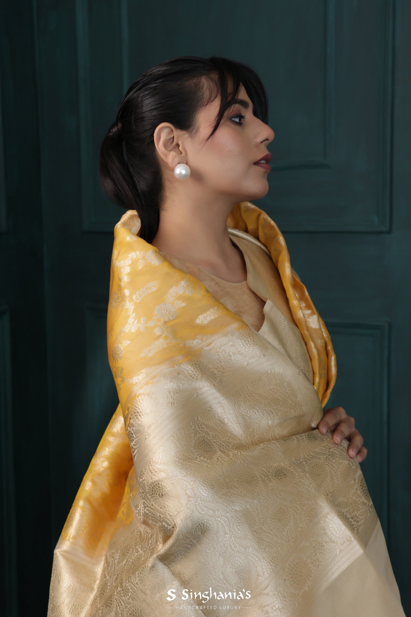 Traditional Gold Banarasi Silk Saree With Floral Jaal Pattern