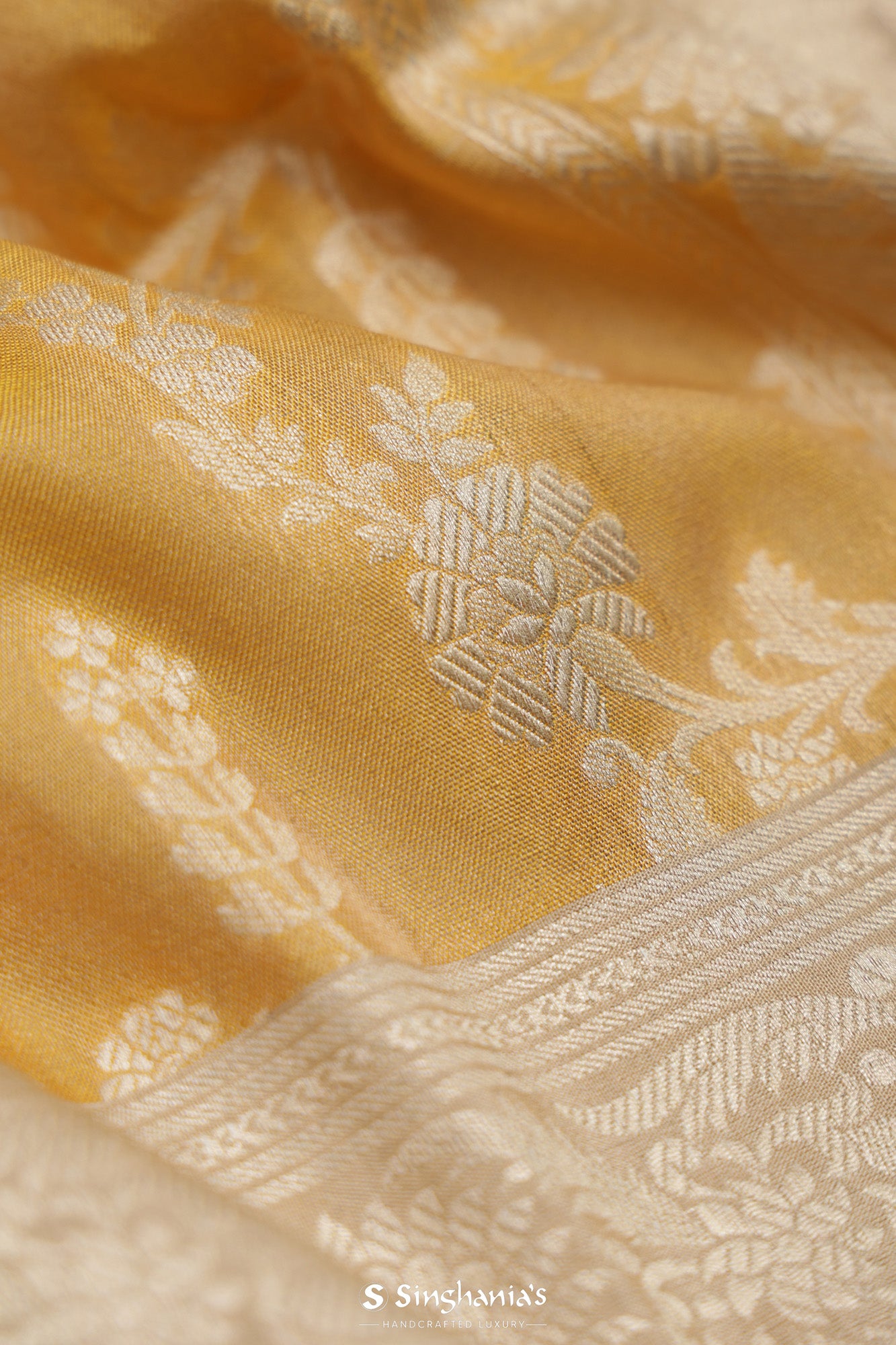 Traditional Gold Banarasi Silk Saree With Floral Jaal Pattern