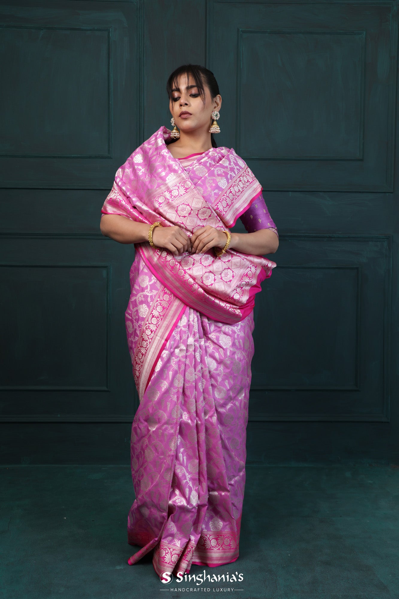 Ruby Pink Banarasi Silk Saree With Floral Jaal Weaving