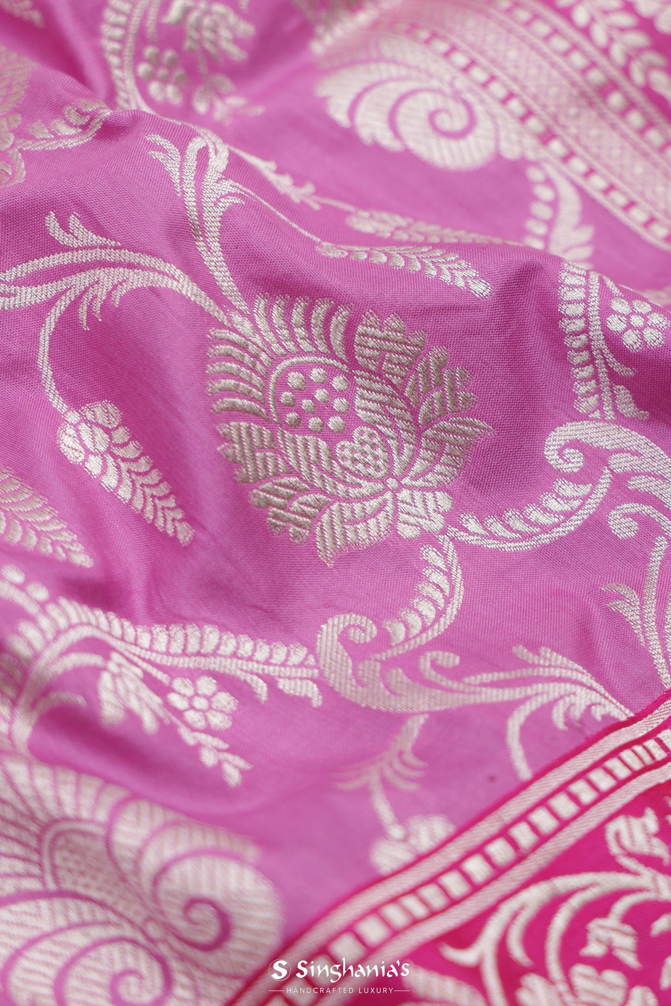 Ruby Pink Banarasi Silk Saree With Floral Jaal Weaving