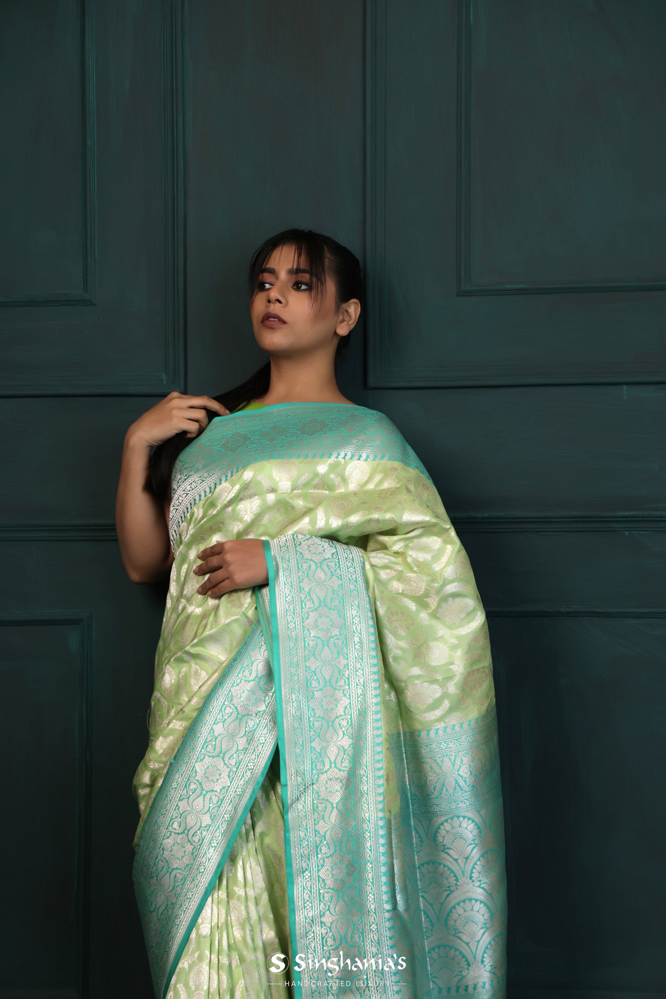 Sage Green Banarasi Silk Saree With Contrast Border