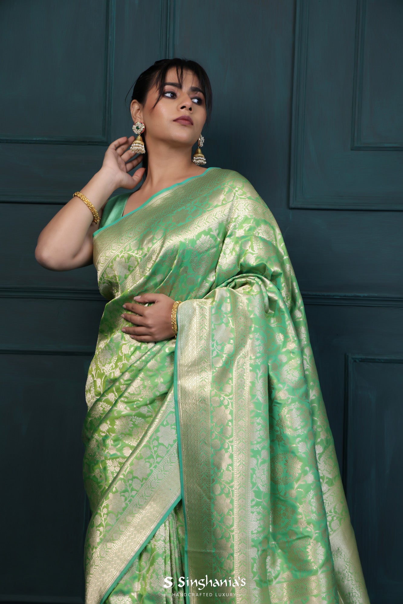 Peach Banarasi Soft Lichi Silk Saree With Zari Weaving, Designer