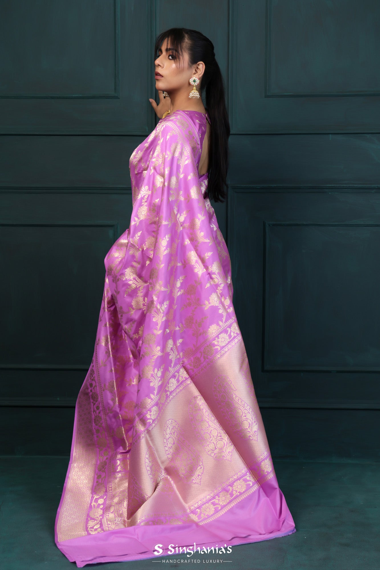 Fuchsia Pink Banarasi Silk Saree With Floral Jaal Pattern