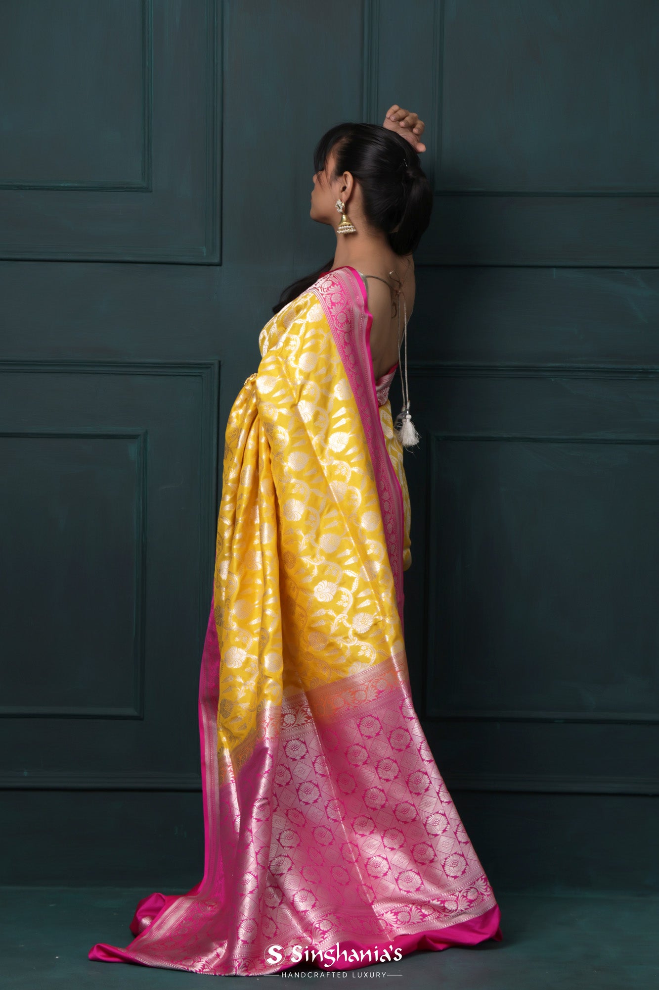 Sunflower Yellow Banarasi Silk Saree With Floral Jaal Weaving