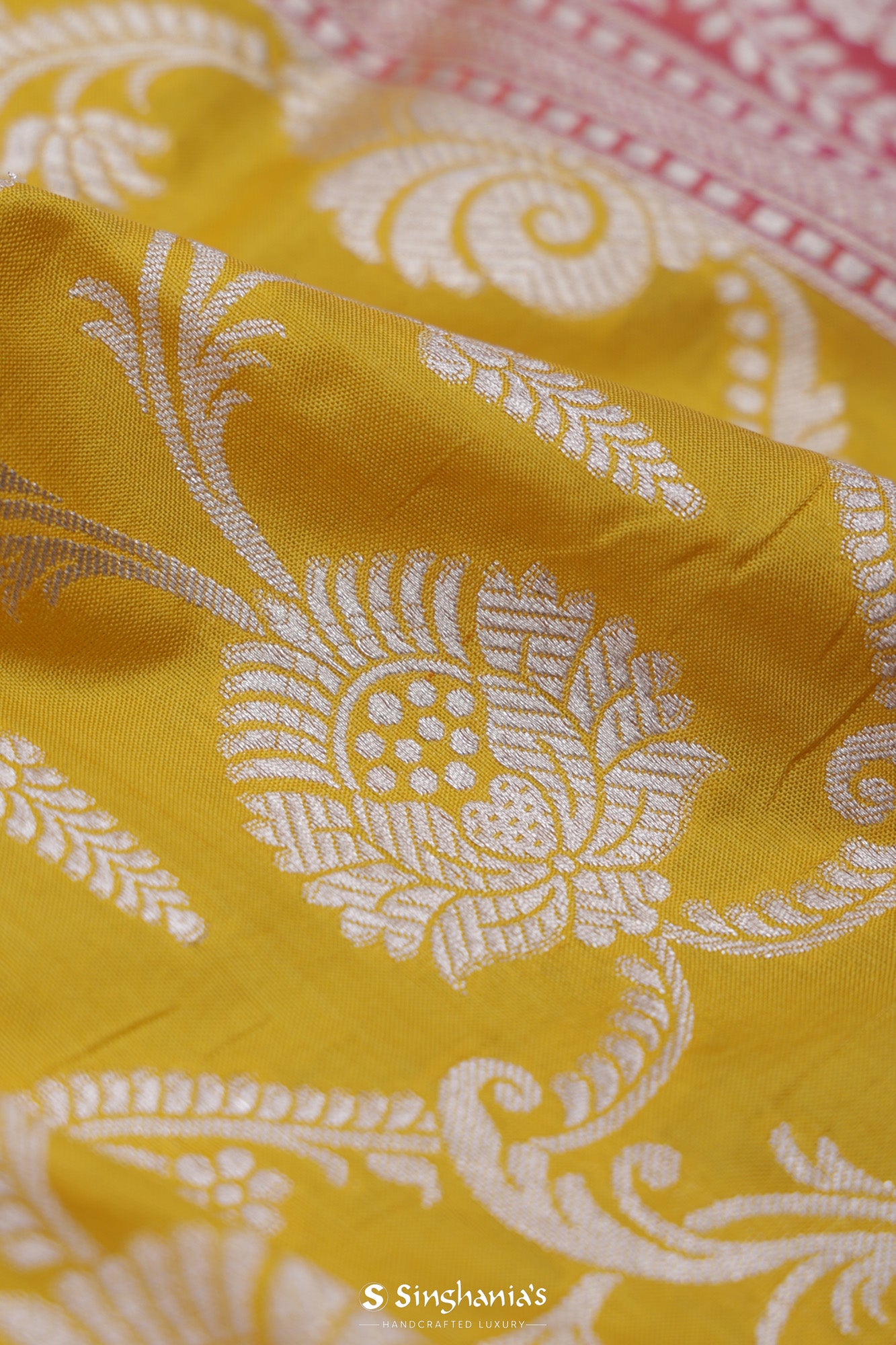 Sunflower Yellow Banarasi Silk Saree With Floral Jaal Weaving