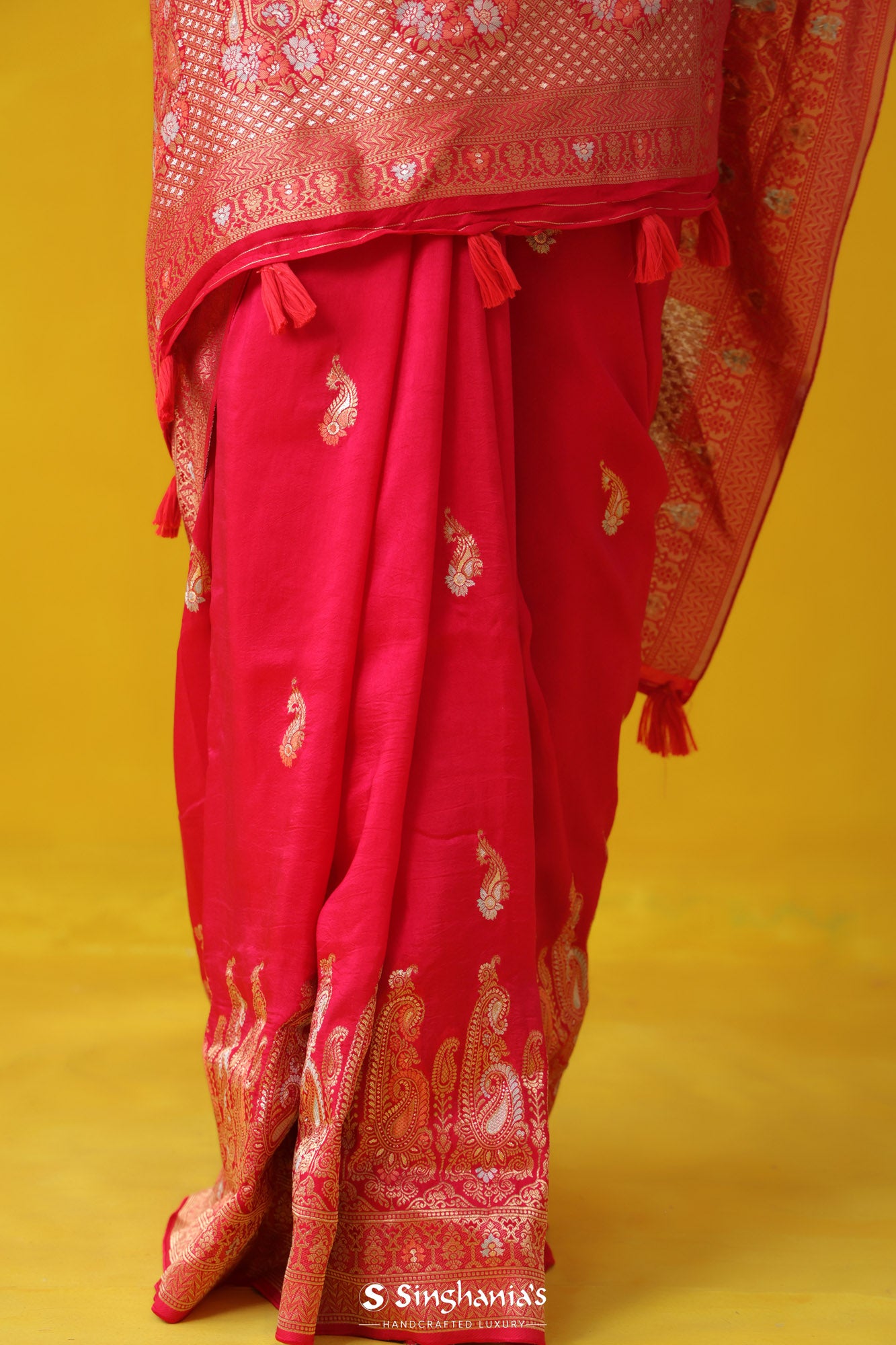 Raspberry Red Banarasi Satin Saree With Floral Paisley Motif