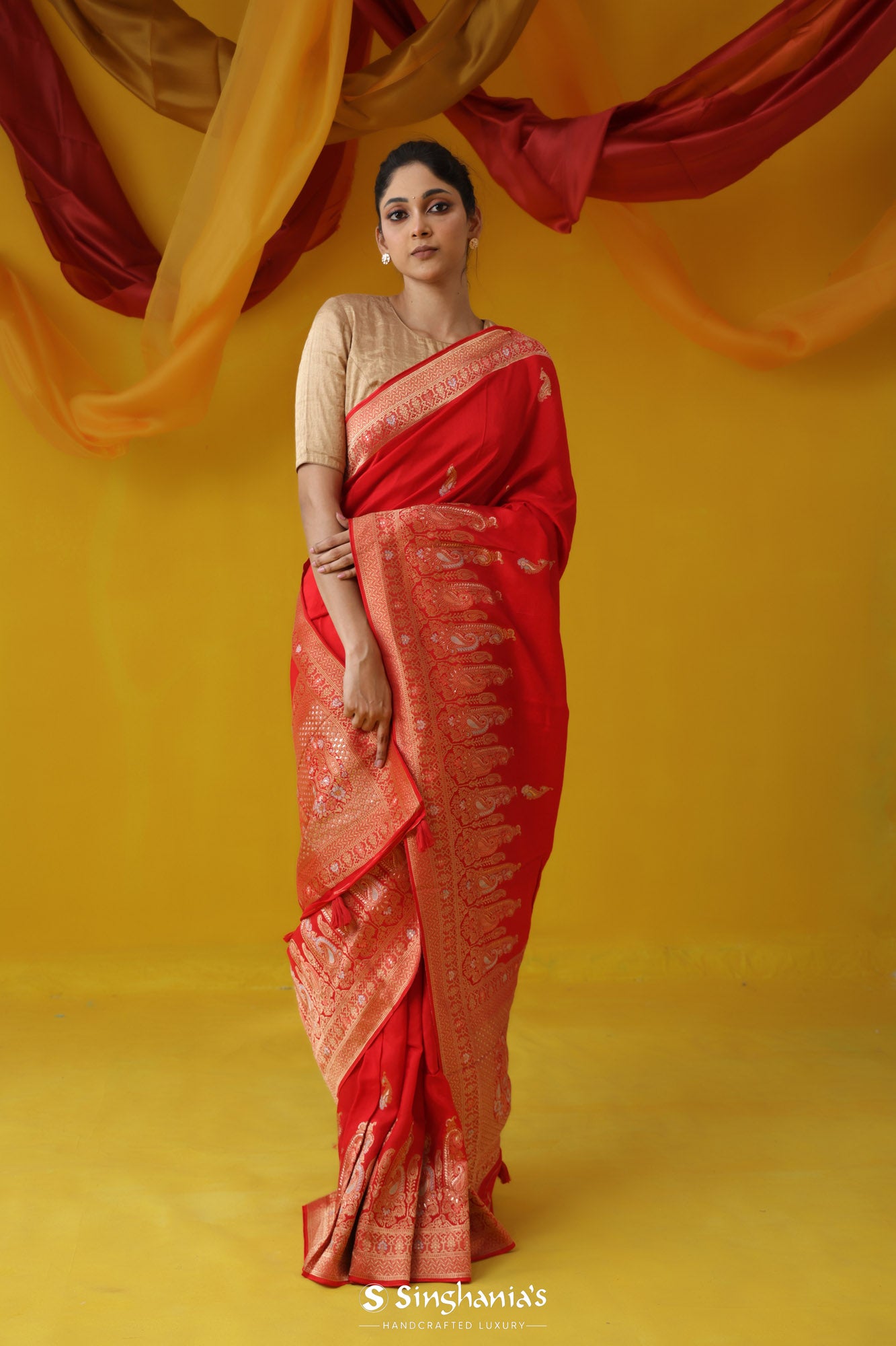 Crimson Red Banarasi Satin Saree With Floral Paisley Motif