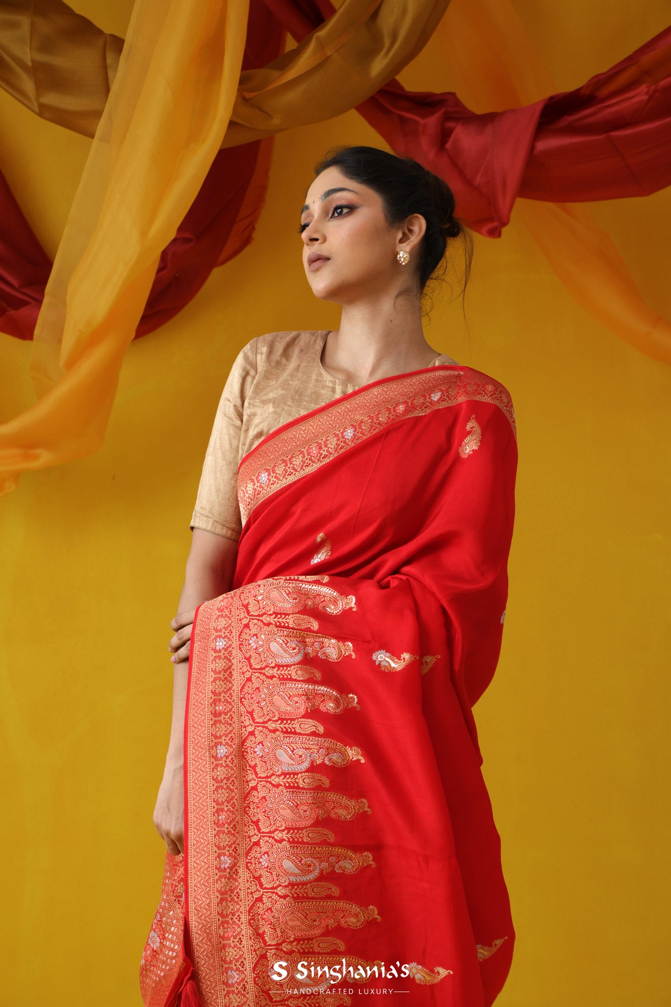 Crimson Red Organza Saree With Floral Embroidery