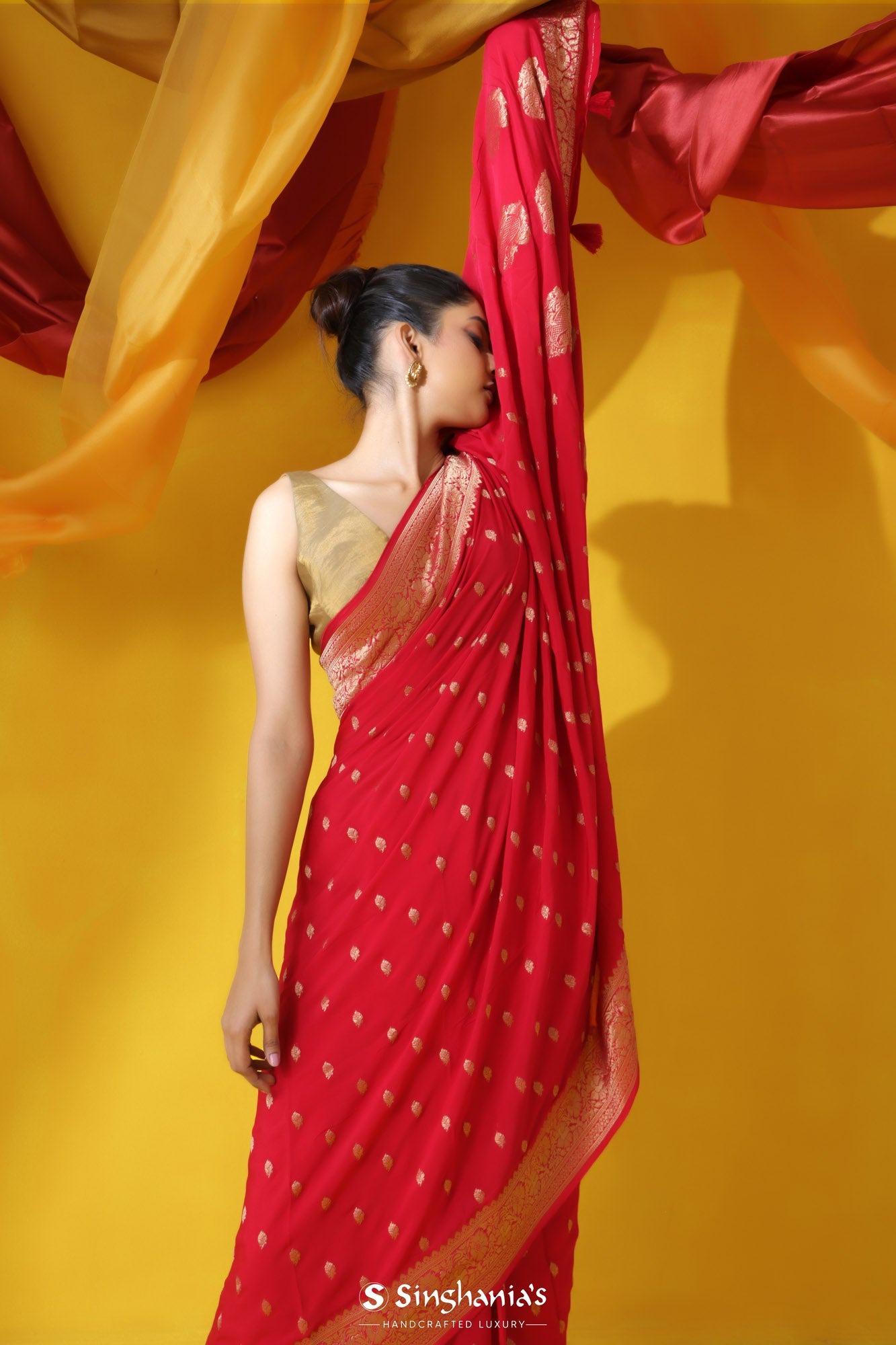 Imperial Red Banarasi Satin Saree With Floral Butti Motif