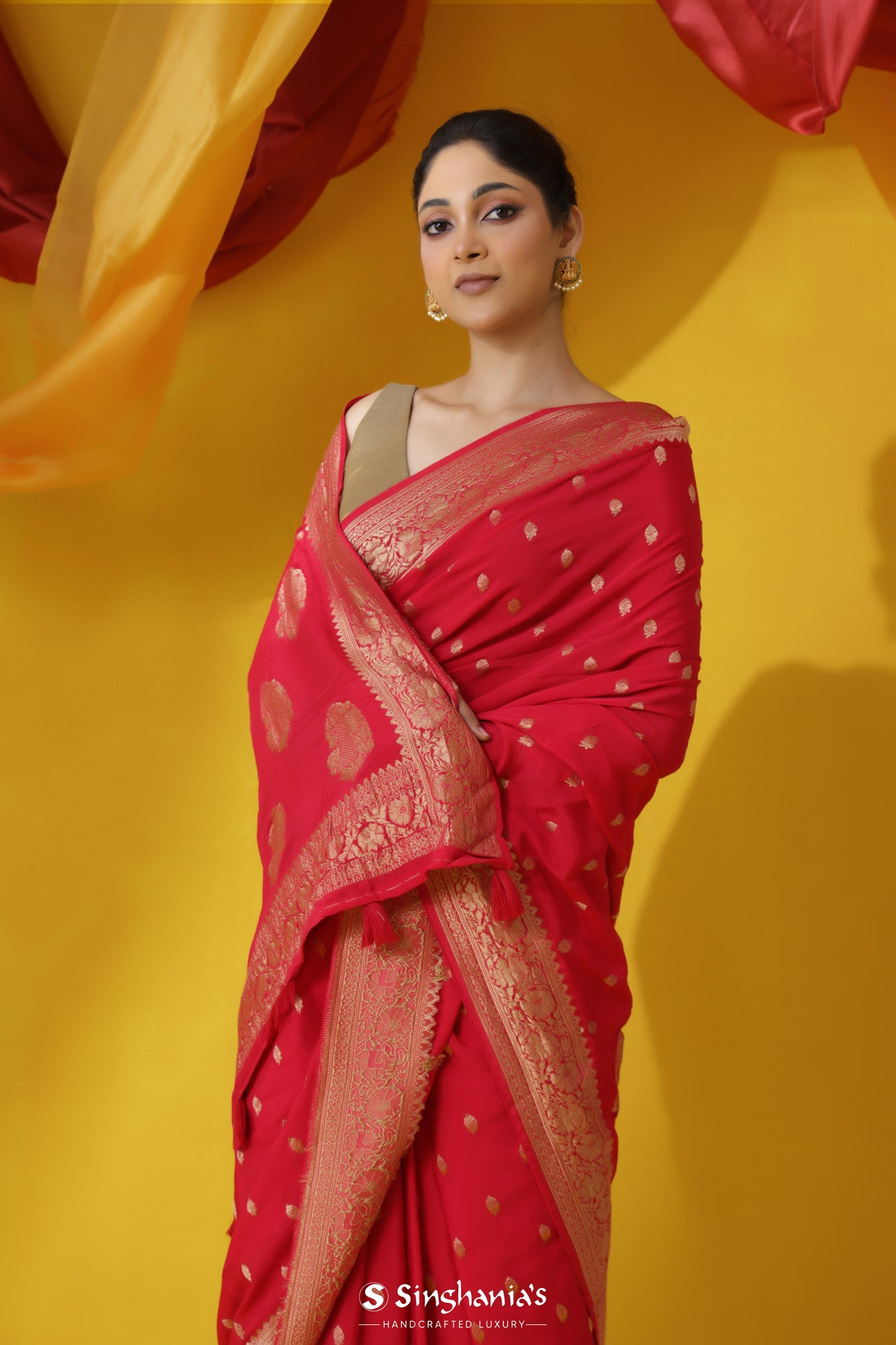 Imperial Red Banarasi Satin Saree With Floral Butti Motif