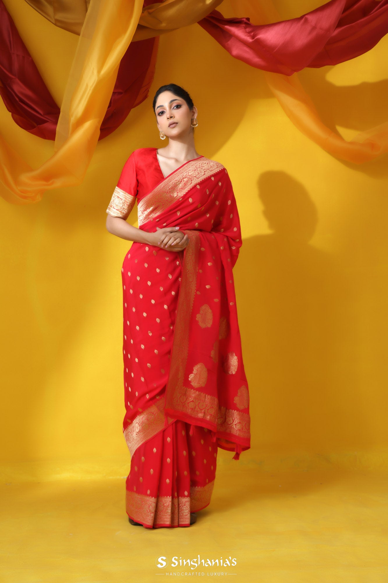 Huskers Red Banarasi Satin Saree With Floral Butti Motif
