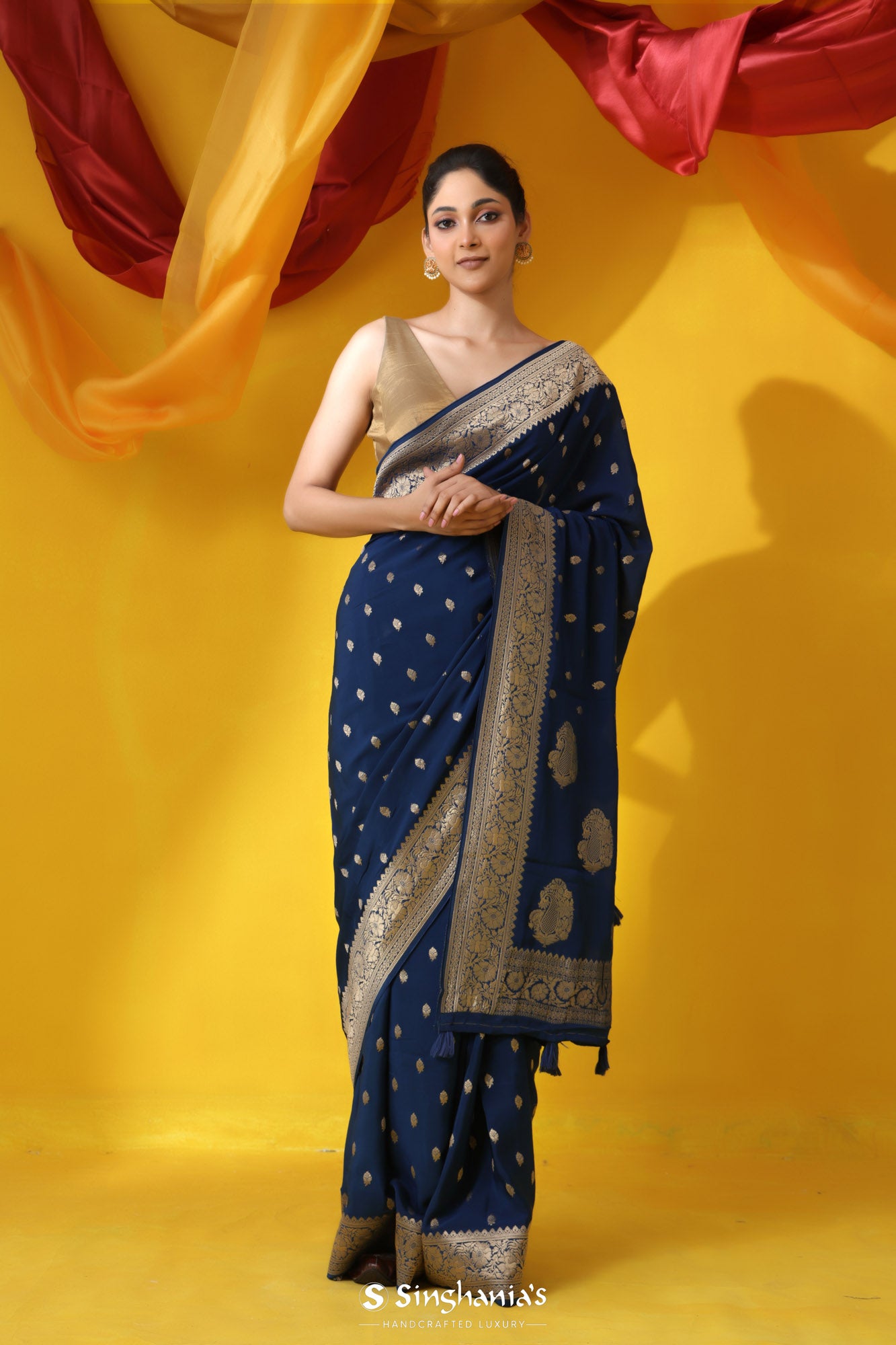 Navy Blue Banarasi Silk Saree With Floral Buttis