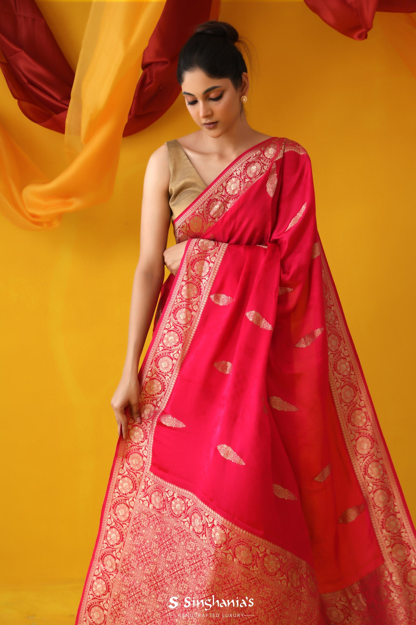 Amaranth Red Banarasi Satin Saree With Floral Buttas Design