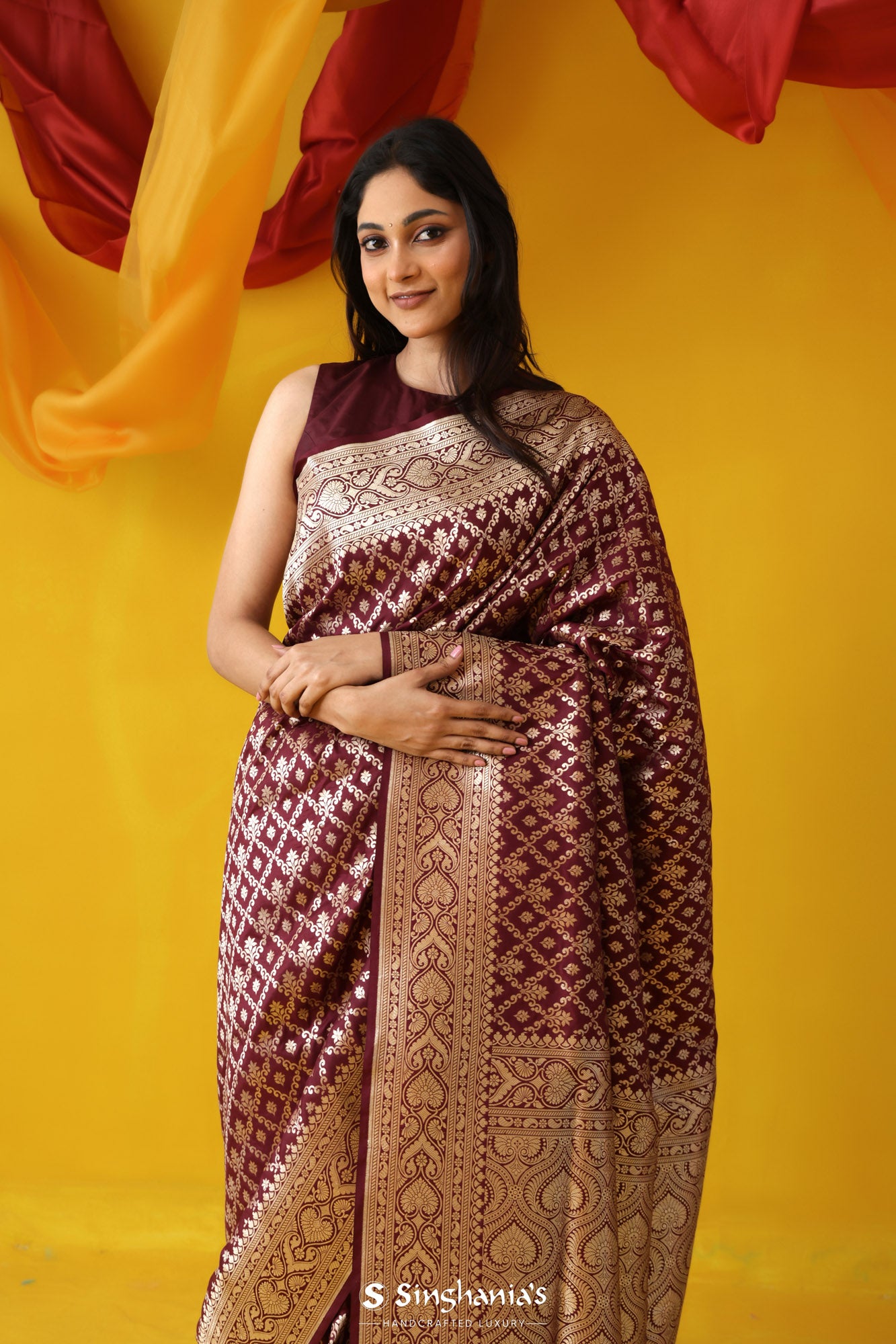 Matte Maroon Banarasi Silk Saree With Floral Jaal Pattern
