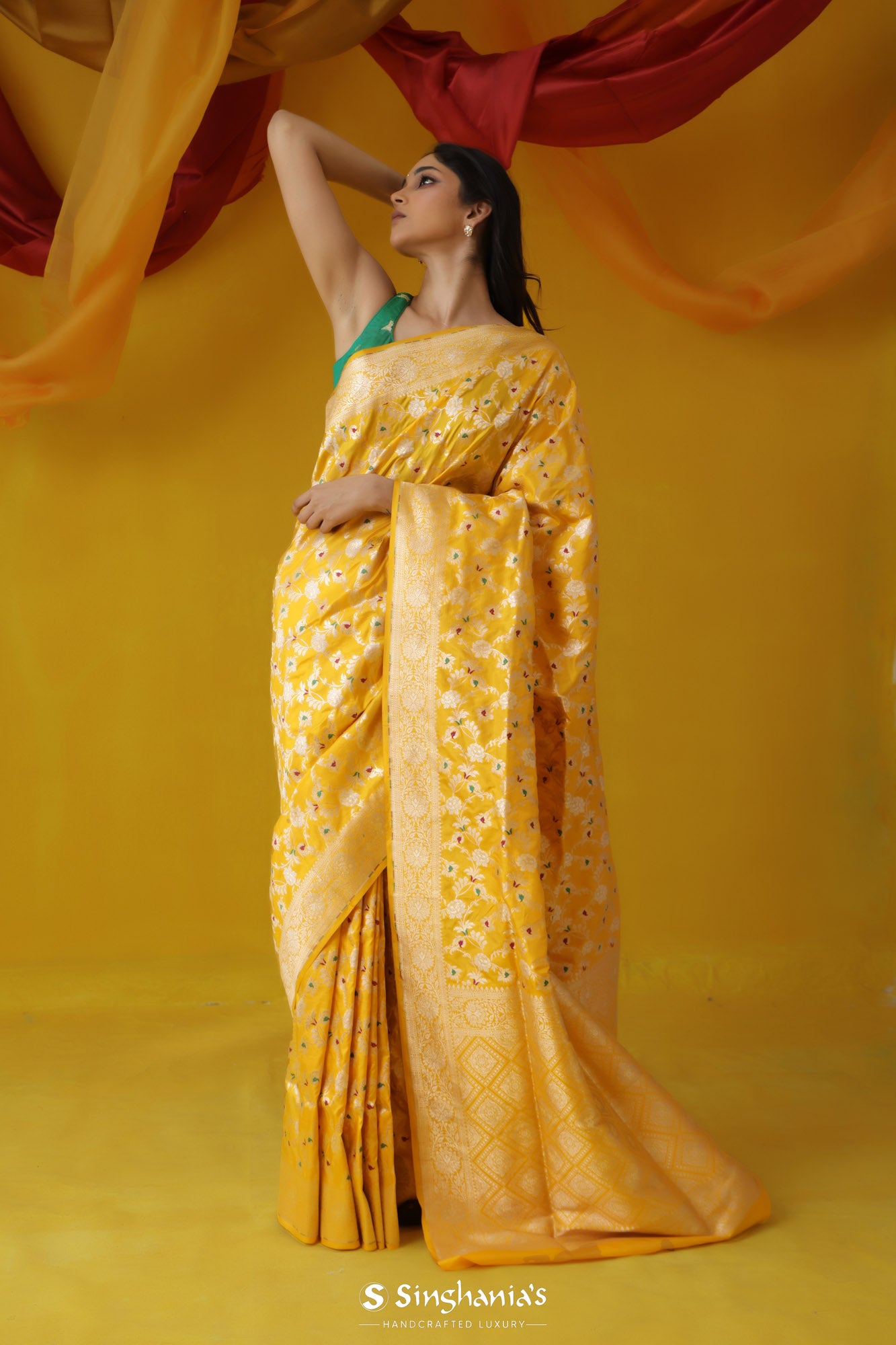 Amber Yellow Banarasi Silk Saree With Floral Jaal Pattern