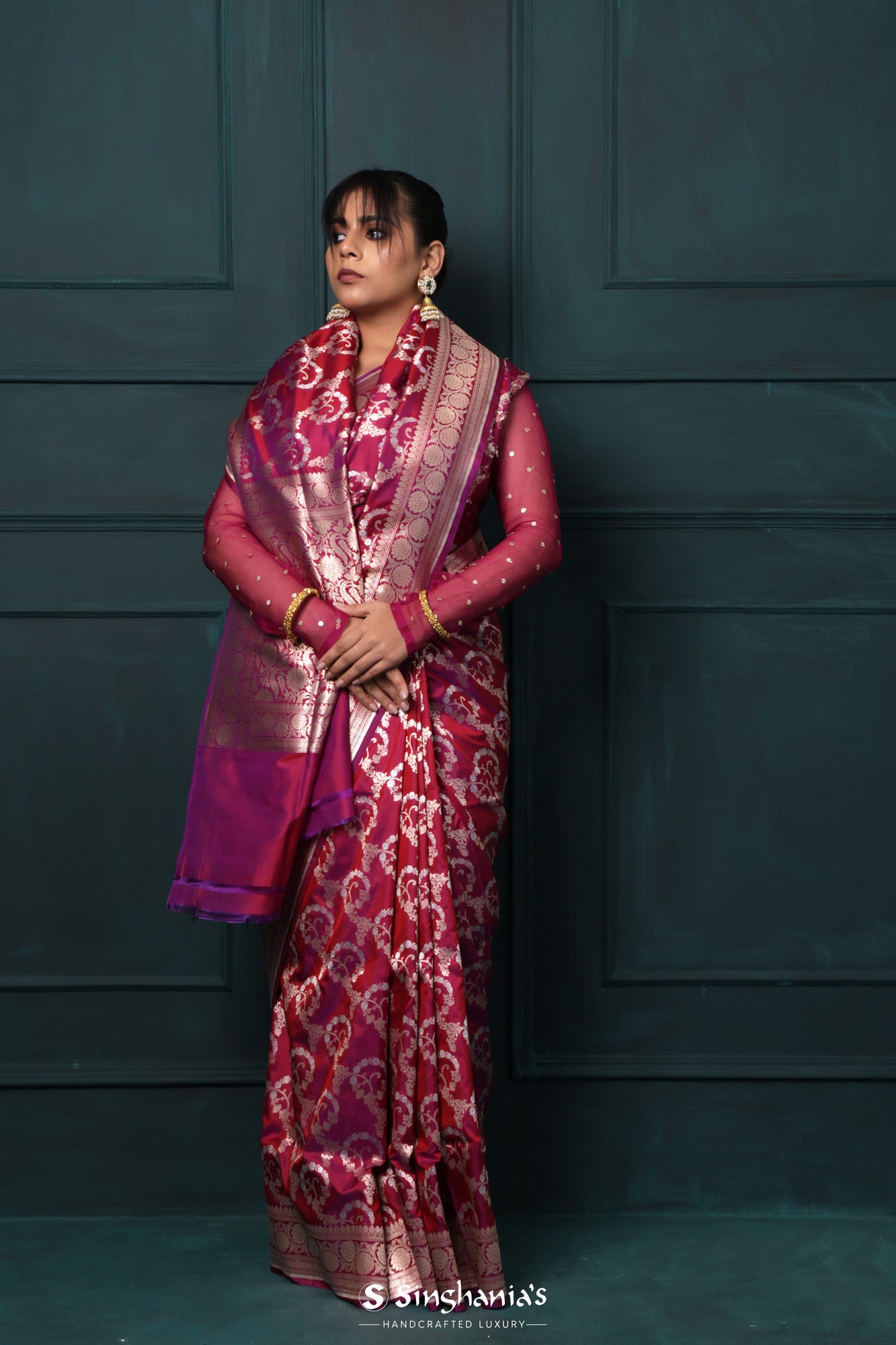 Majestic Maroon Banarasi Silk Saree With Floral Jaal Weaving