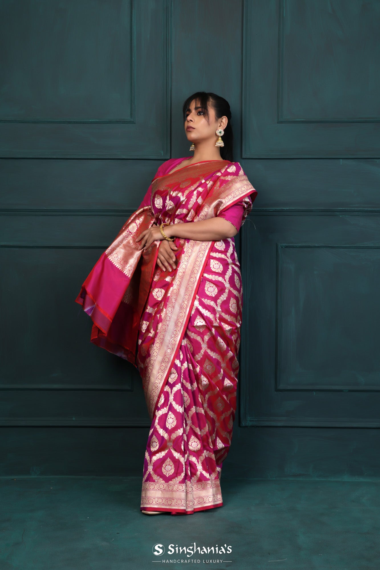Rubine Red Banarasi Silk Saree With Floral Jaal Weaving