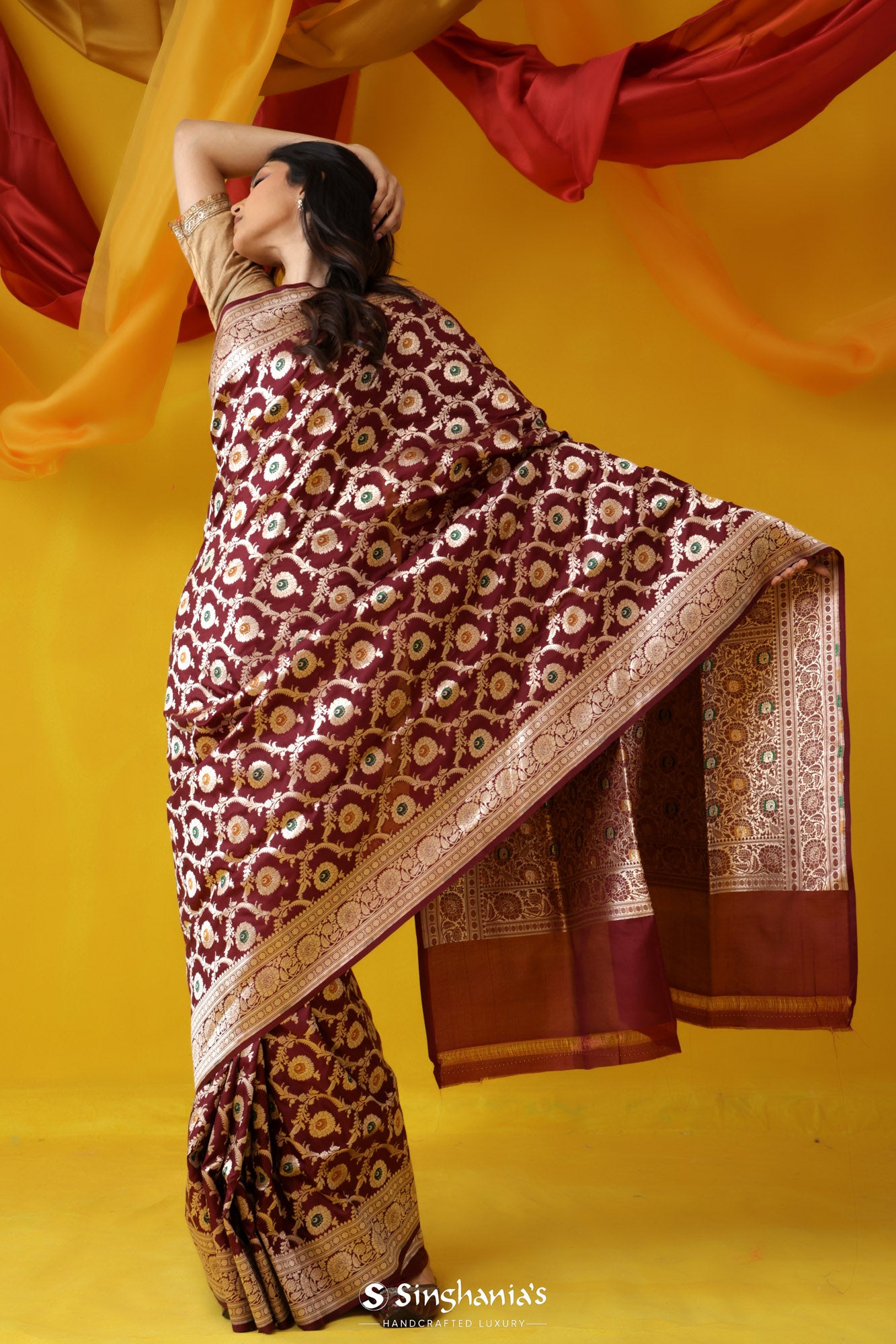 Royal Maroon Banarasi Silk Saree With Floral Jaal Pattern