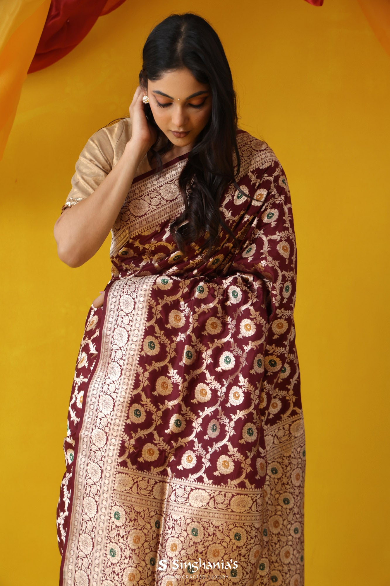 Royal Maroon Banarasi Silk Saree With Floral Jaal Pattern