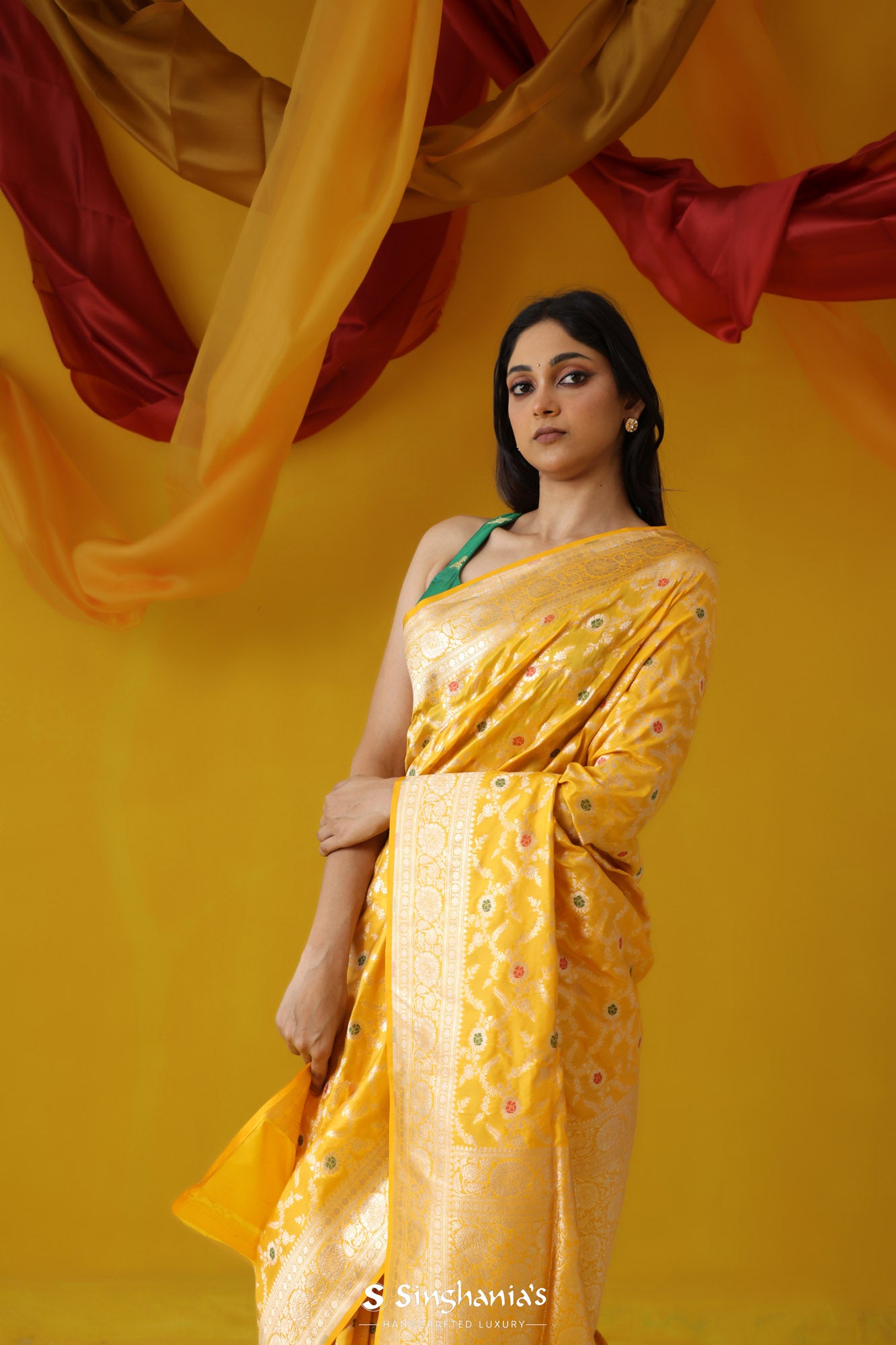 Saffron Yellow Banarasi Silk Saree With Floral Jaal Pattern