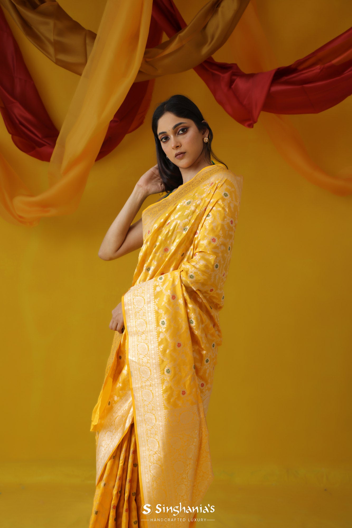 Saffron Yellow Banarasi Silk Saree With Floral Jaal Pattern