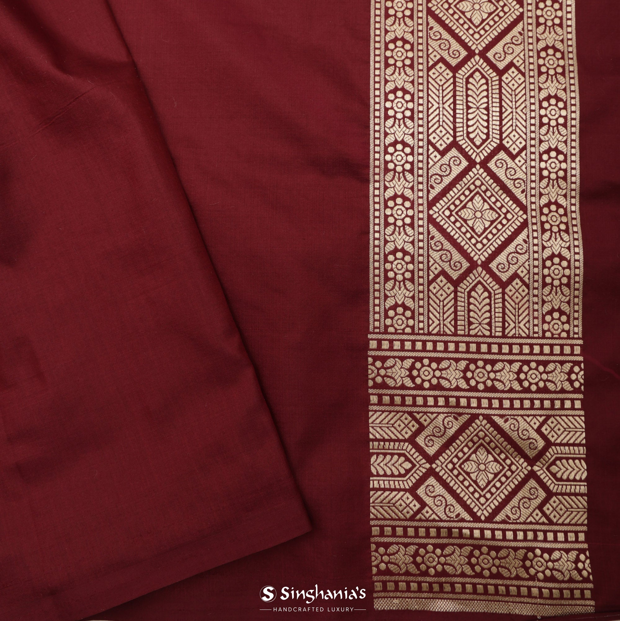 Maroon Banarasi Silk Saree With Floral Stripes Pattern