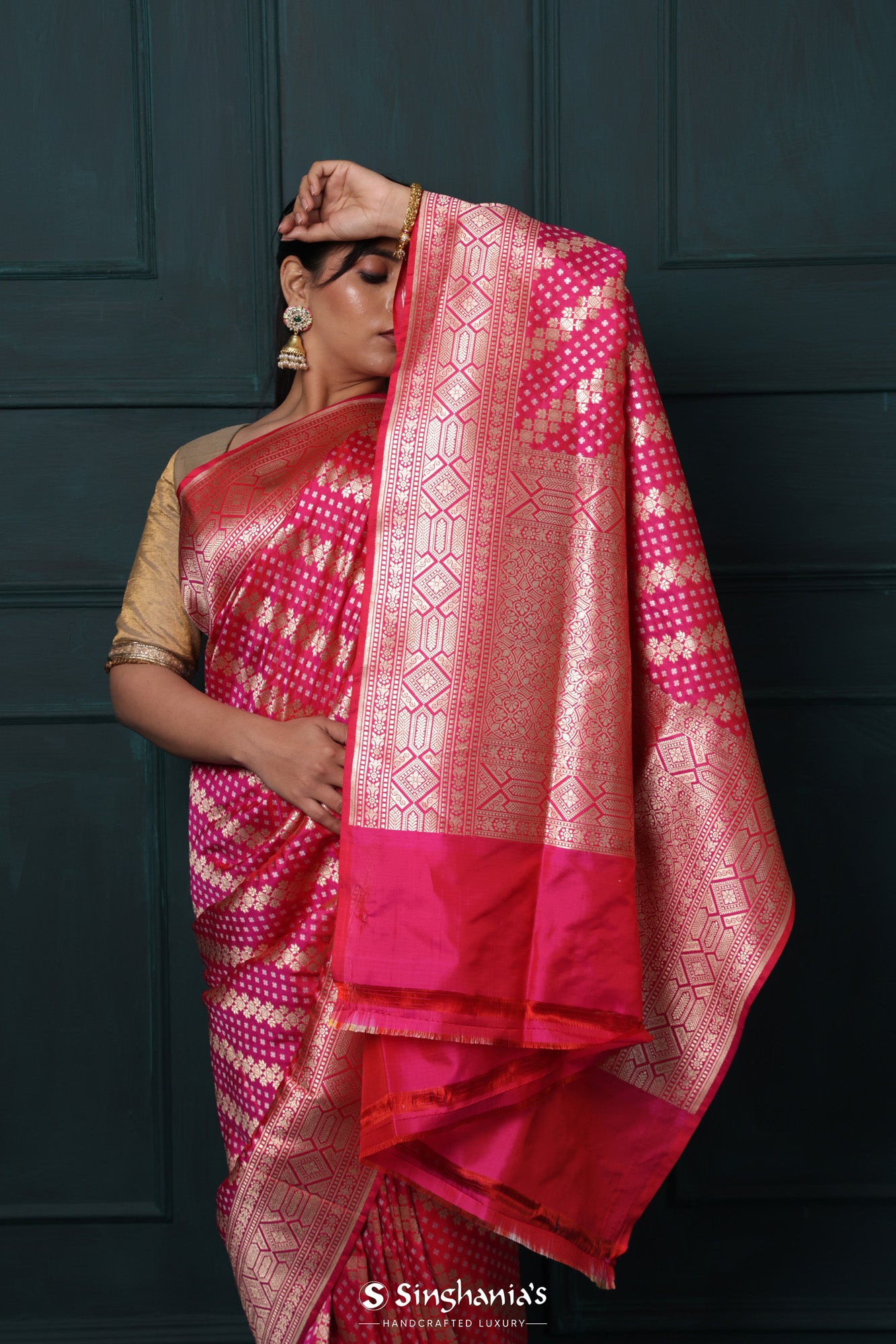 Ruby Pink Banarasi Silk Saree With Floral Stripes Pattern